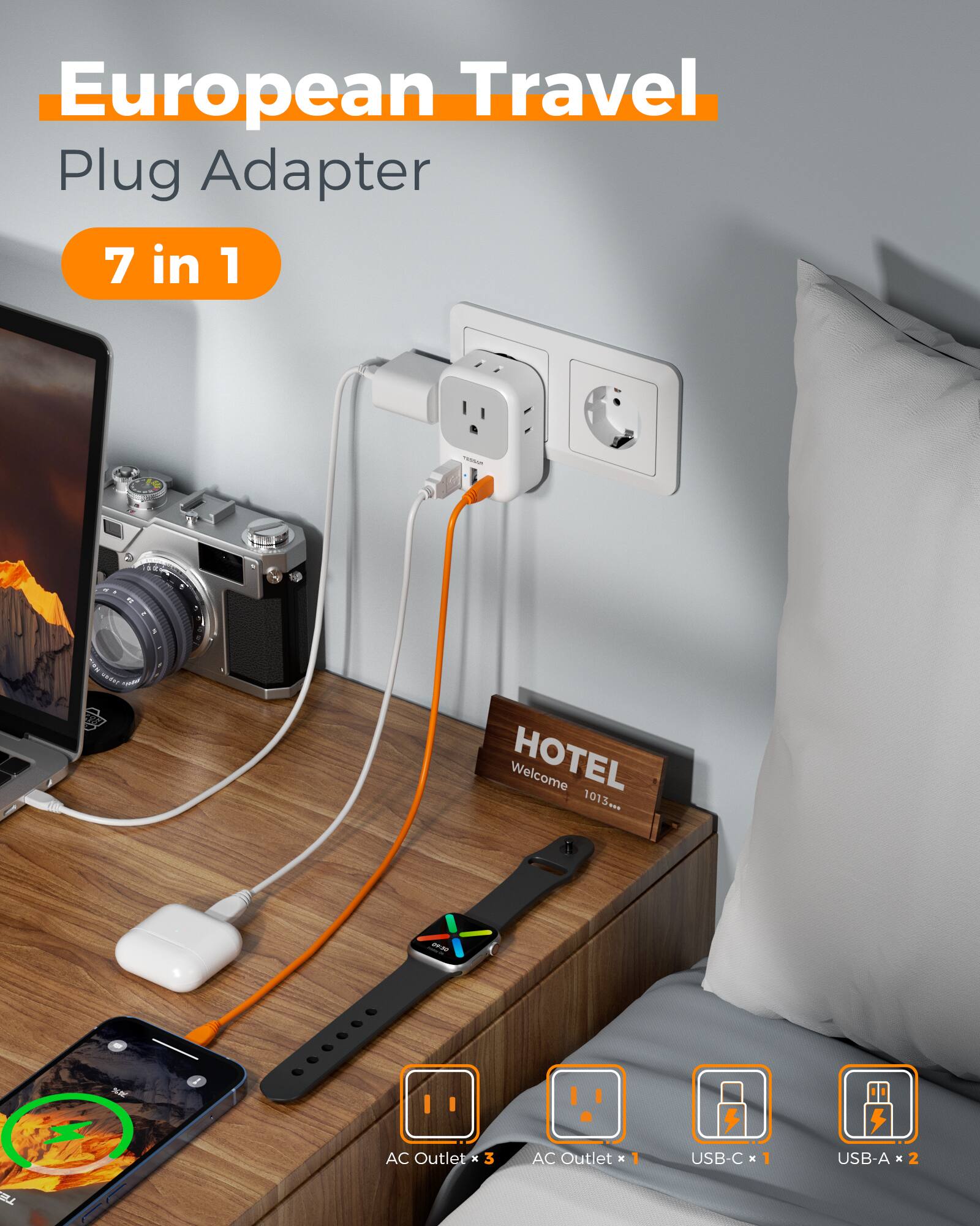 European Travel Plug Adapter 7 in 1 - .dIP S HOTEL Welcome 1013. 101 - m NE AC Outlet x 3 AC Outlet E USB-C x USB-A x 2