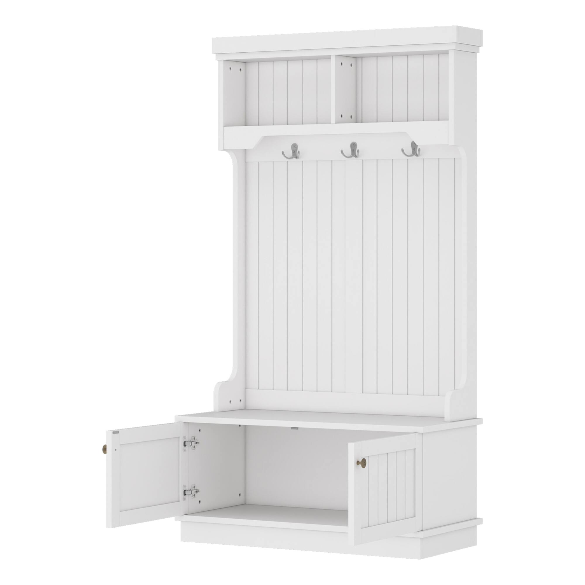 Back. GOODSILO - Multifunctional Entryway Hall Tree with Coat Racks Shoe Bench Storage Cabinet and Display Shelf - White.