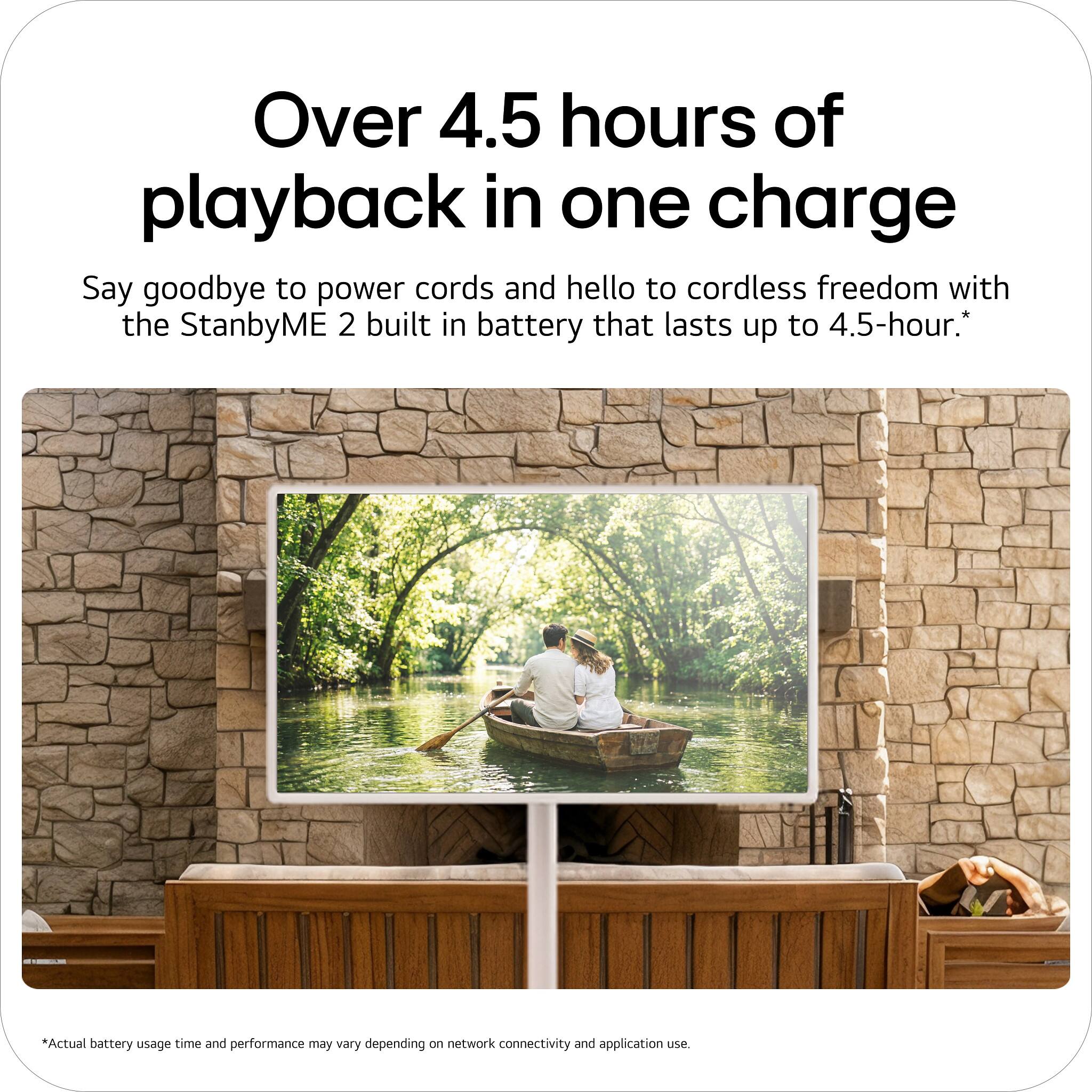 Over 4.5 hours of playback in one charge

Say goodbye to power cords and hello to cordless freedom with the StanbyME 2 built-in battery that lasts up to 4.5-hour.*

*Actual battery usage time and performance may vary depending on network connectivity and application use.