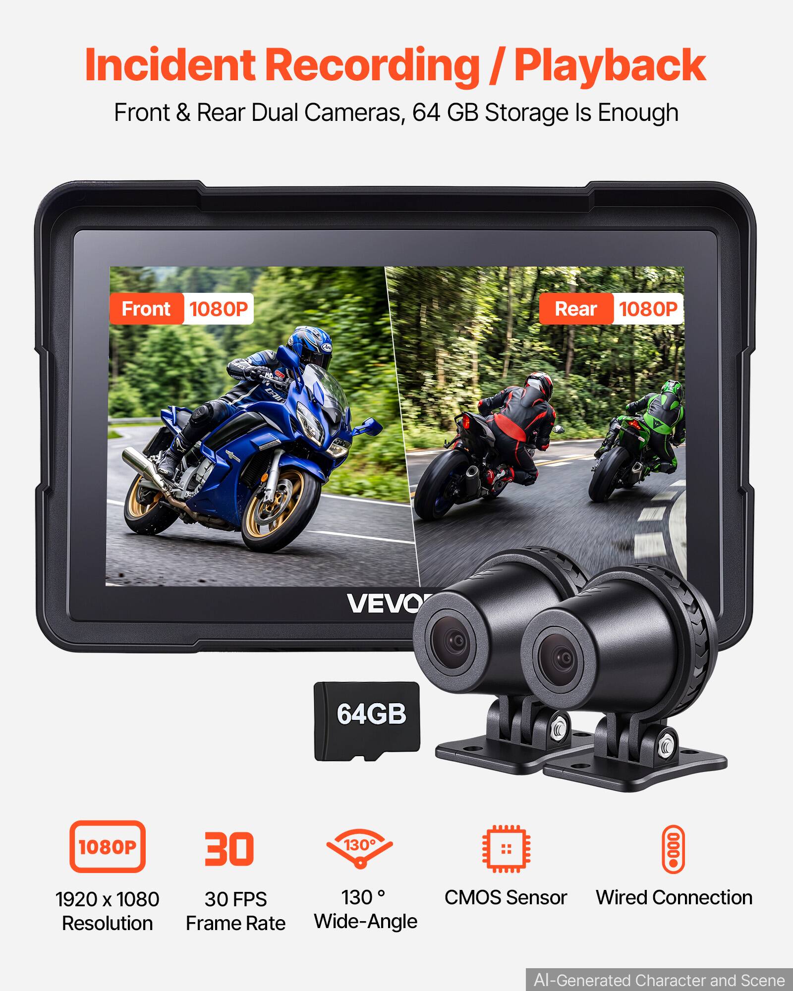 Incident Recording/Playback  
Front & Rear Dual Cameras, 64 GB Storage Is Enough  

Front 1080P  
Rear 1080P  

VEVO  
64GB  

1080P 30 130 000 1920 X 1080 30 FPS 130 CMOS Sensor Wired Connection Resolution Frame Rate Wide-Angle  

AI-Generated Character and Scene