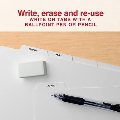 Write, erase and re-use  
WRITE ON TABS WITH A BALLPOINT PEN OR PENCIL  

projects  
tasks  
calendar