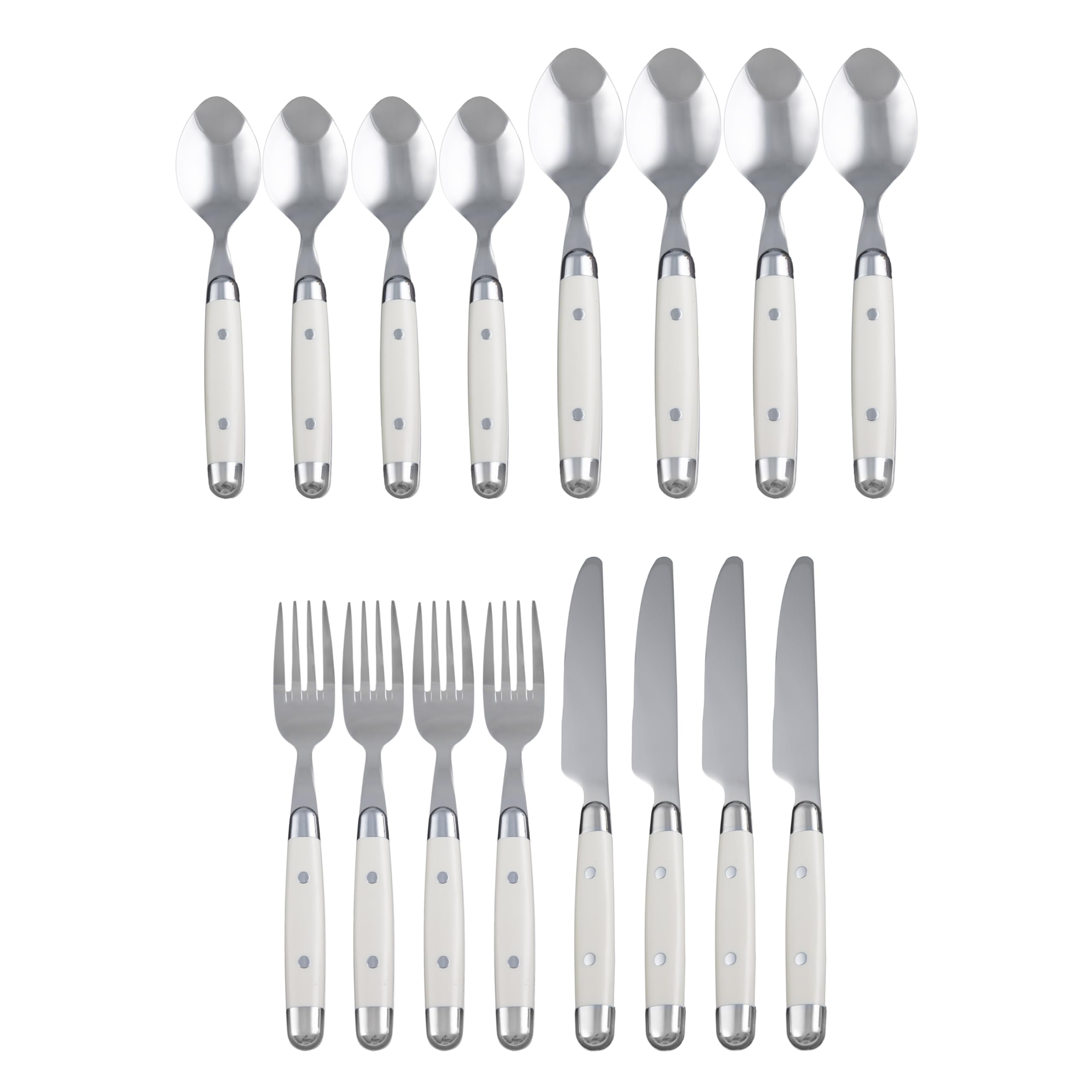 Angle. Dazzed Corner - Silverware Set, 16-Piece Flatware Set, Service for 4, 18/0 Stainless Steel, Dishwasher Safe - White.