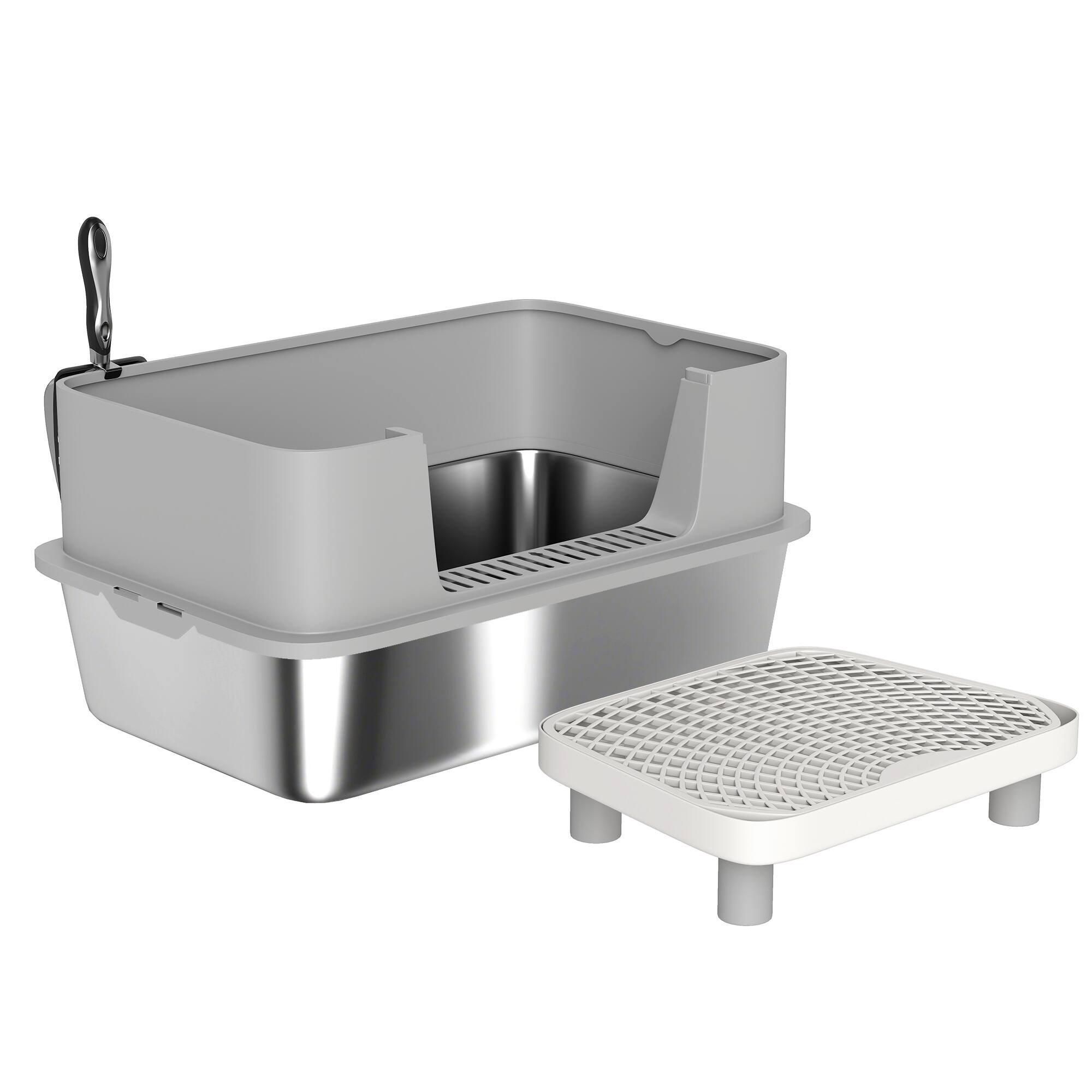 Front. Dexmalle - Dexmalle-Stainless Steel Cat Litter Box with High Sides,Pedal and Scoop-Gray - Gray.
