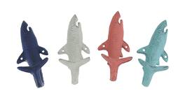 Zeckos - 4 Piece Distressed Finish Cast Iron Shark Wall Hook Set Coastal Beach Colors - Multicolored