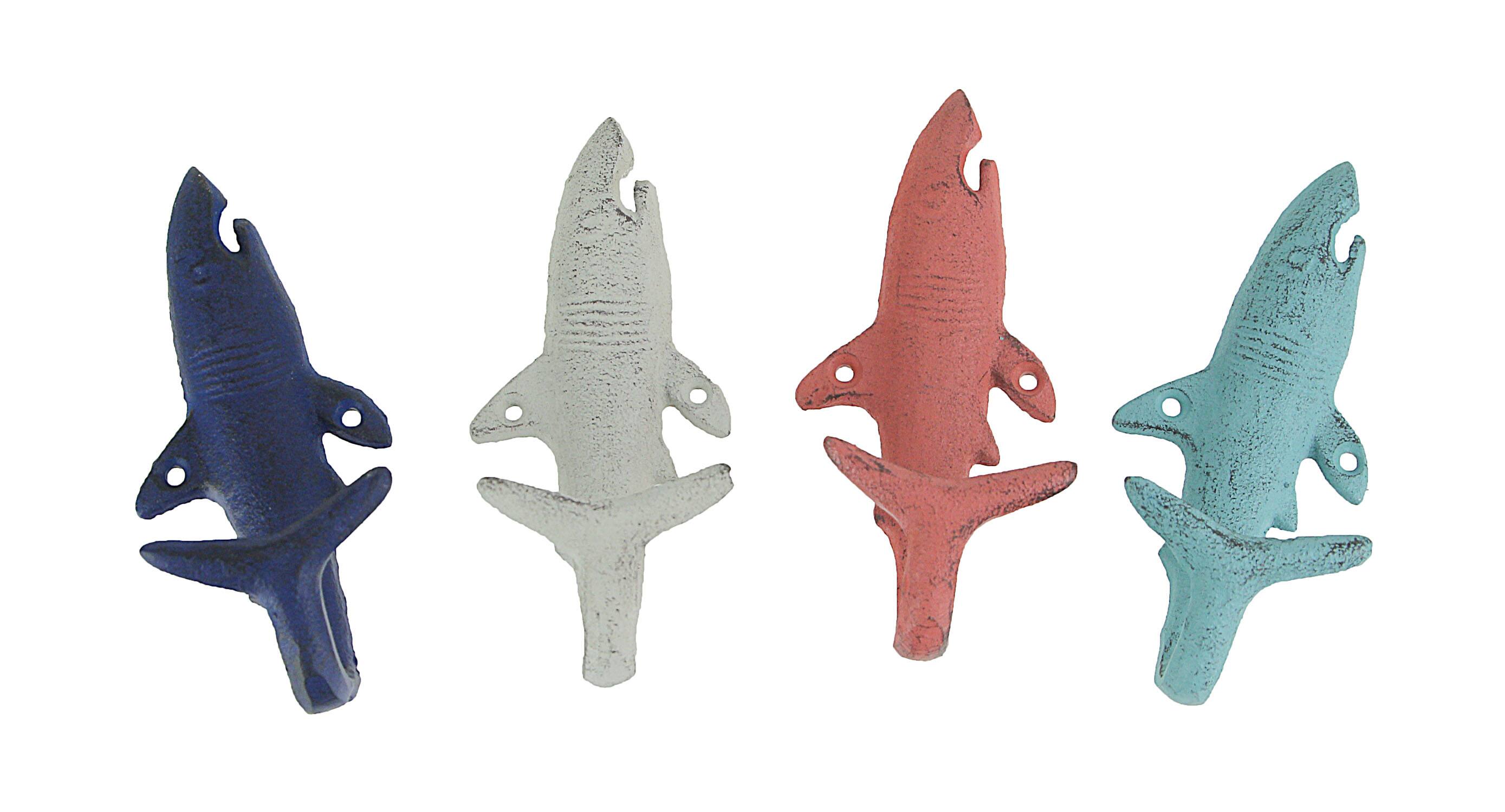 Front. Zeckos - 4 Piece Distressed Finish Cast Iron Shark Wall Hook Set Coastal Beach Colors - Multicolored.