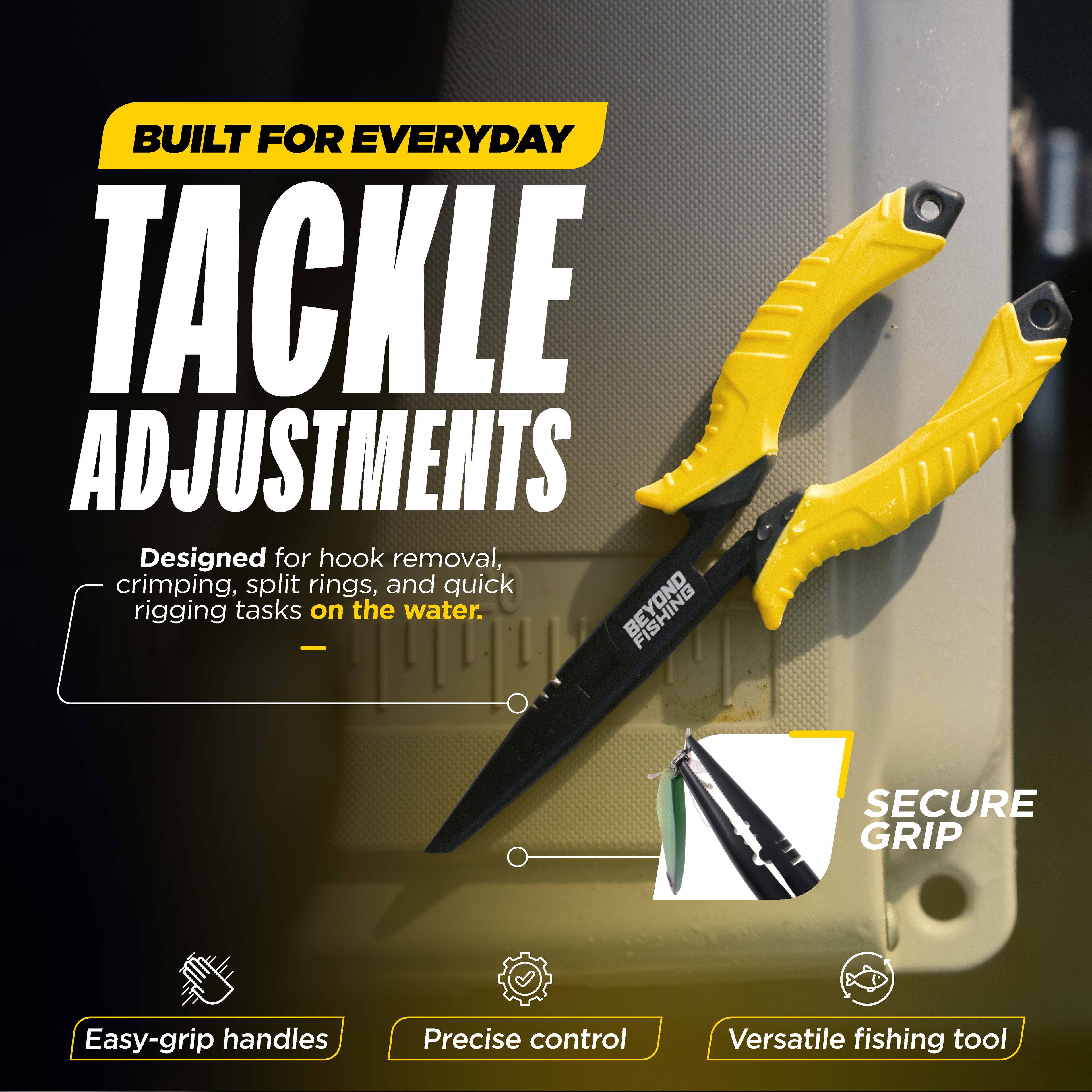BUILT FOR EVERYDAY TACKLE ADJUSTMENTS  
Designed for hook removal, crimping, split rings, and quick rigging tasks on the water.  

FISHING BE - SECURE GRIP  
Easy-grip handles  
Precise control  
Versatile fishing tool