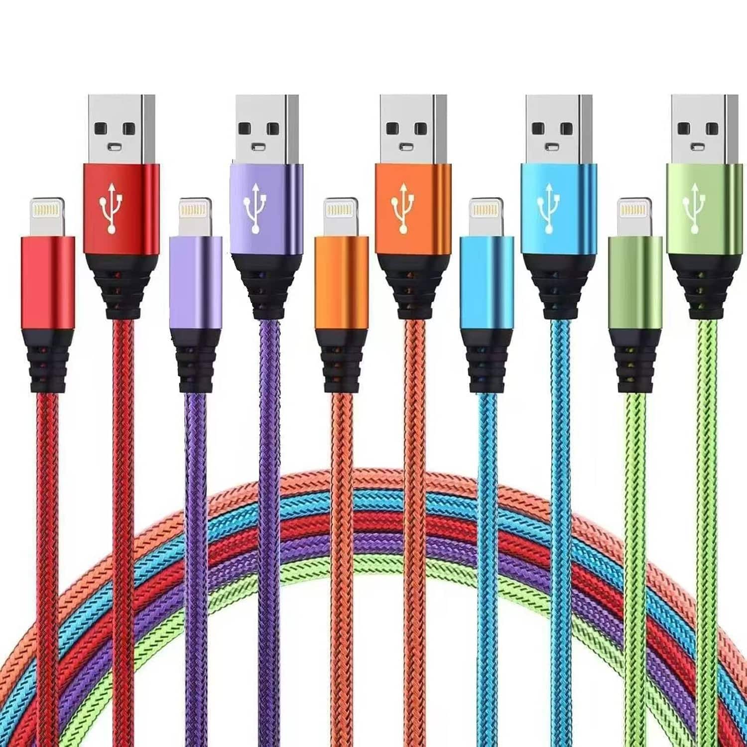 Front. MOSZAR LLC - 10FT iPhone Charger Cable 5-Pack [Apple MFi Certified] Nylon Braided Fast Charging - Red, Purple, Orange, Blue, LightGreen.