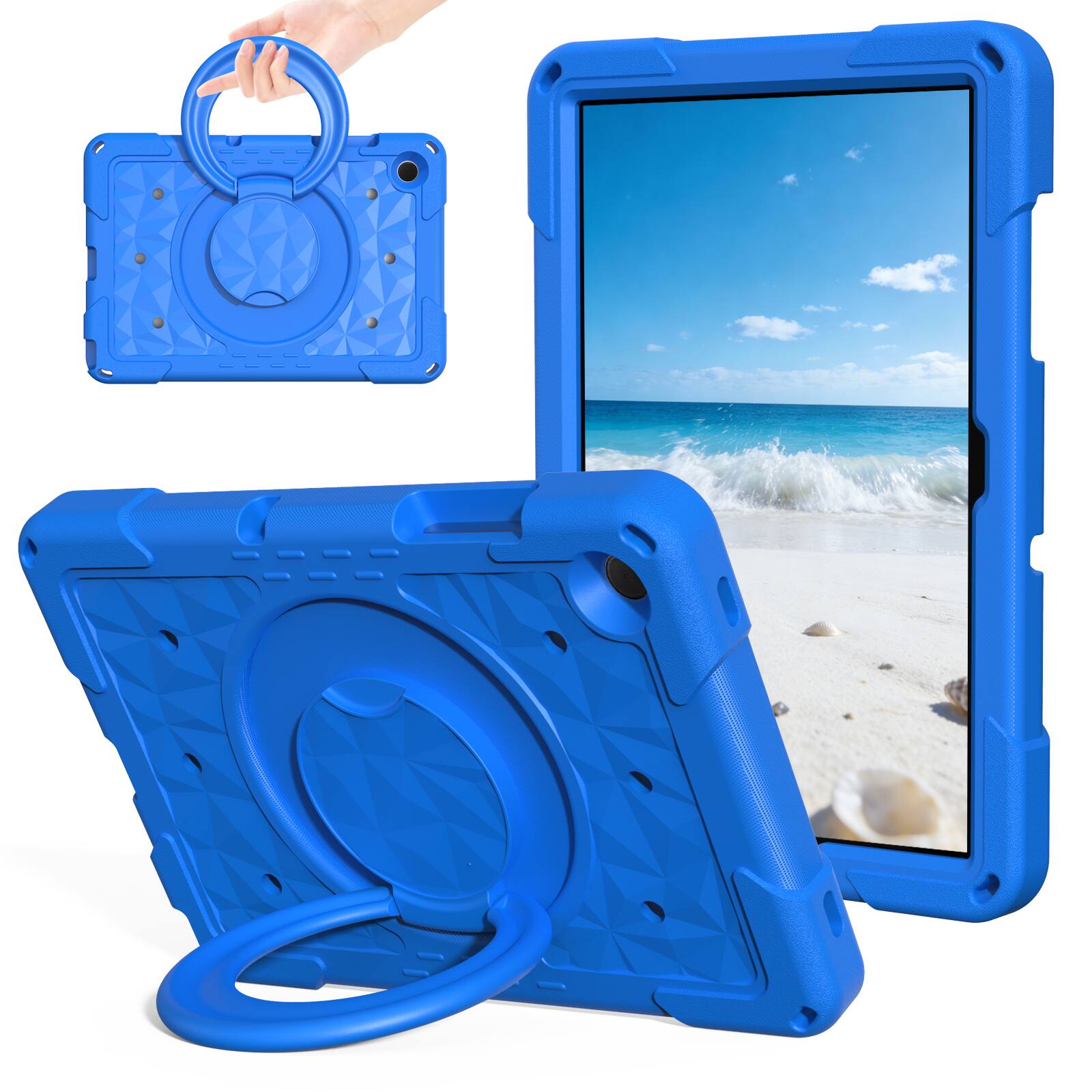 Angle. UUCOVER - Kids Case for iPad (A16) 11-inch 2025 /iPad 10th Gen 10.9" 2022 Shockproof EVA Handle Stand Cover with Shoulder Strap - Blue.