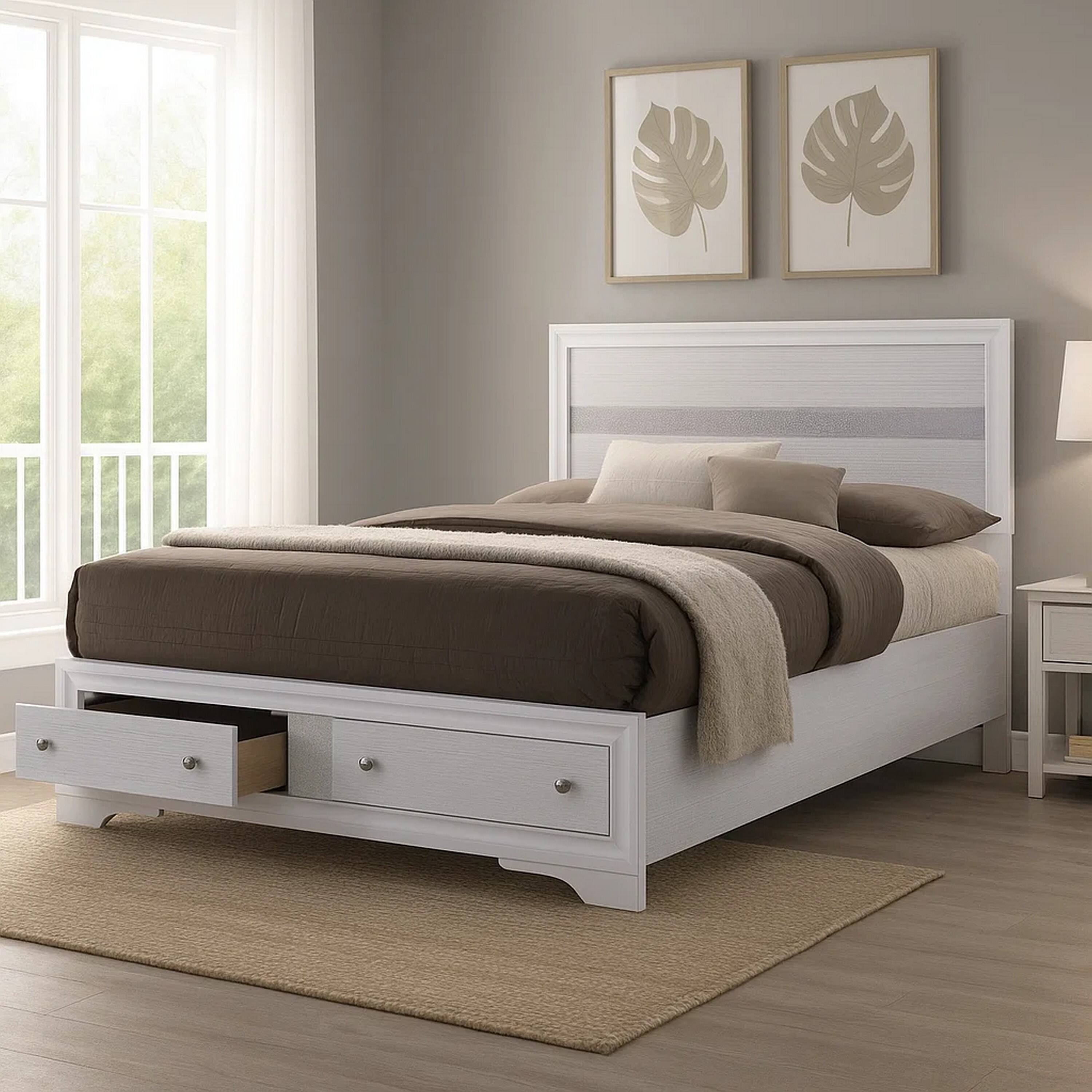 Alt View 2. Manhattan Lane - Cevy Full Size Bed, Footboard Drawers, White Wood w Glitter Accents - White, Silver.