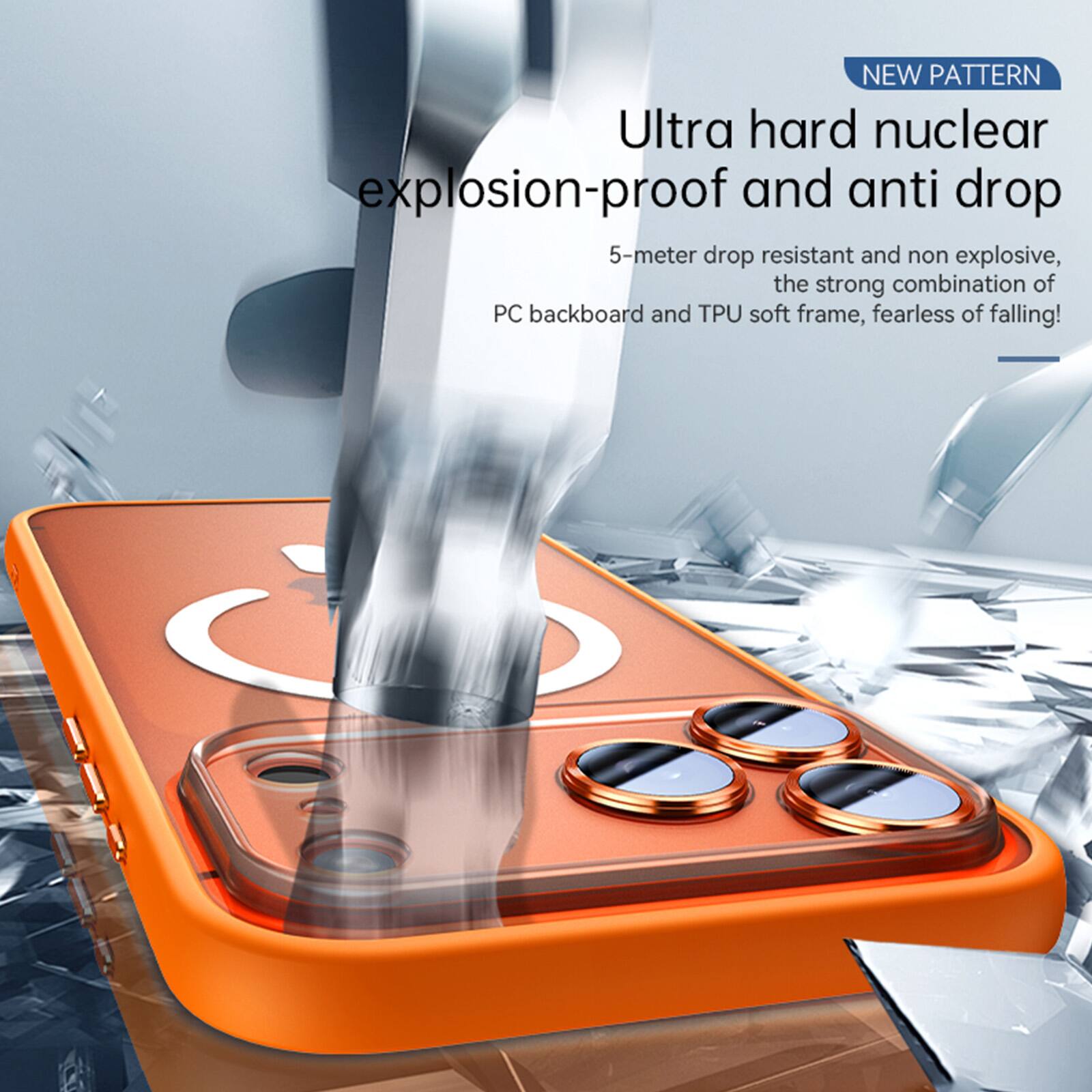 NEW PATTERN  
Ultra hard nuclear explosion-proof and anti drop  
5-meter drop resistant and non explosive, the strong combination of PC backboard and TPU soft frame, fearless of falling!