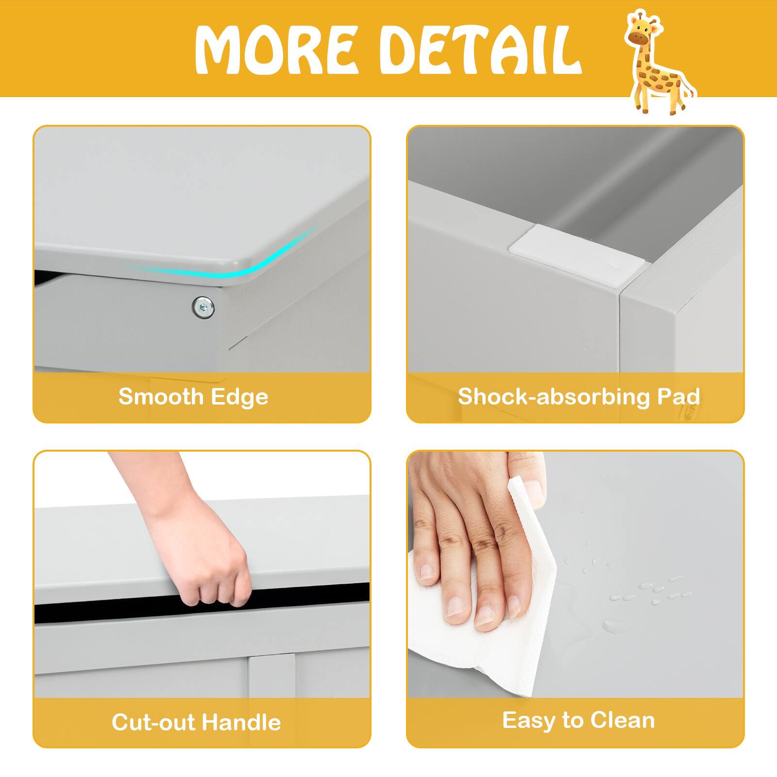 MORE DETAIL

- Smooth Edge
- Shock-absorbing Pad
- Cut-out Handle
- Easy to Clean