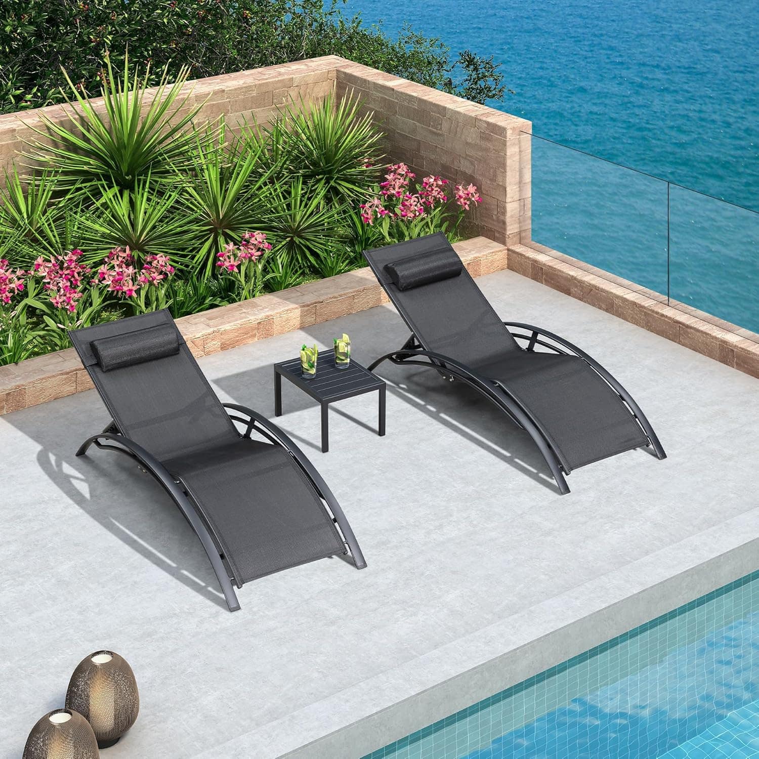 Front. PURPLE LEAF - 3-Pieces Aluminum Outdoor Chaise Lounge Patio Lounge Chair with Side Table, Black - Black.