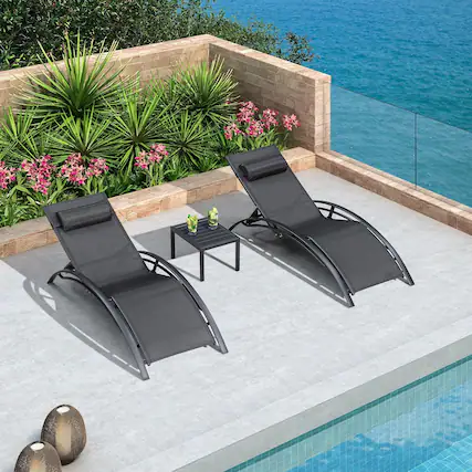 Front. PURPLE LEAF - 3-Pieces Aluminum Outdoor Chaise Lounge Patio Lounge Chair with Side Table, Black - Black.