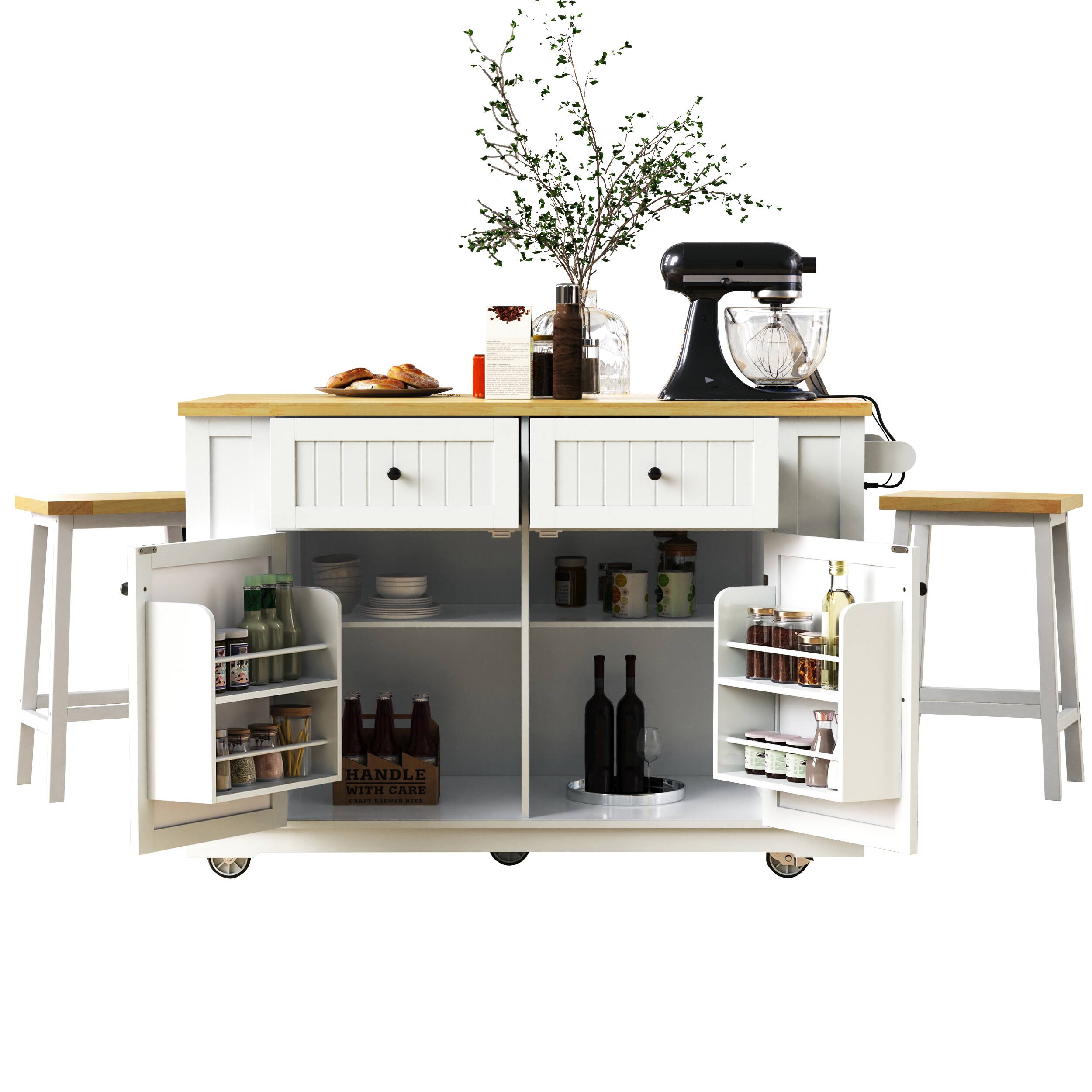 Ecooso - 48-inch Kitchen Island with Drop Leaf, Power Outlet, and Rolling Wheels - White