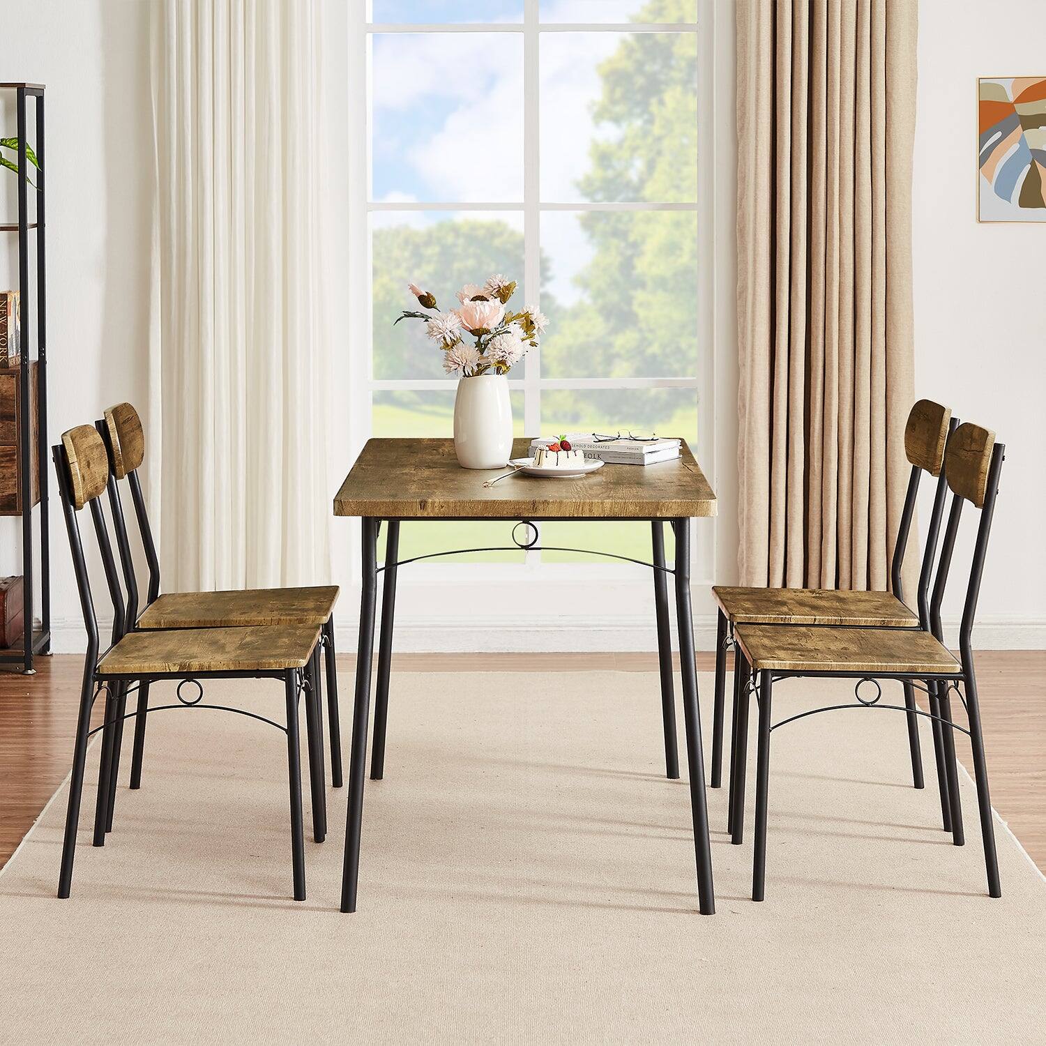 Alt View 3. Vecelo - 5 Piece Dining Set: 4-Person Table & Chairs - Metal Frame, Thick MDF Top, Space Saving Design, Easy Assembly - Brown.
