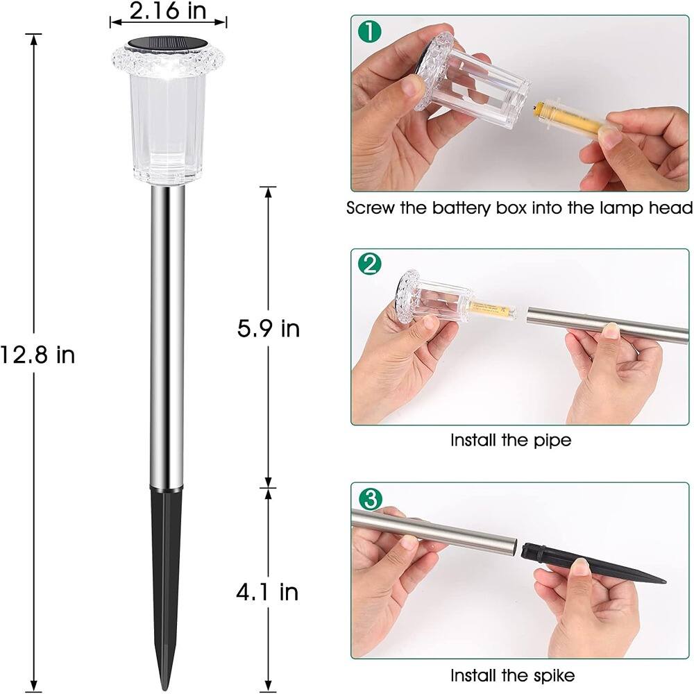 1. Screw the battery box into the lamp head

2. Install the pipe

3. Install the spike

Dimensions:
- Lamp head diameter: 2.16 in
- Lamp head height: 5.9 in
- Total height: 12.8 in
- Spike length: 4.1 in