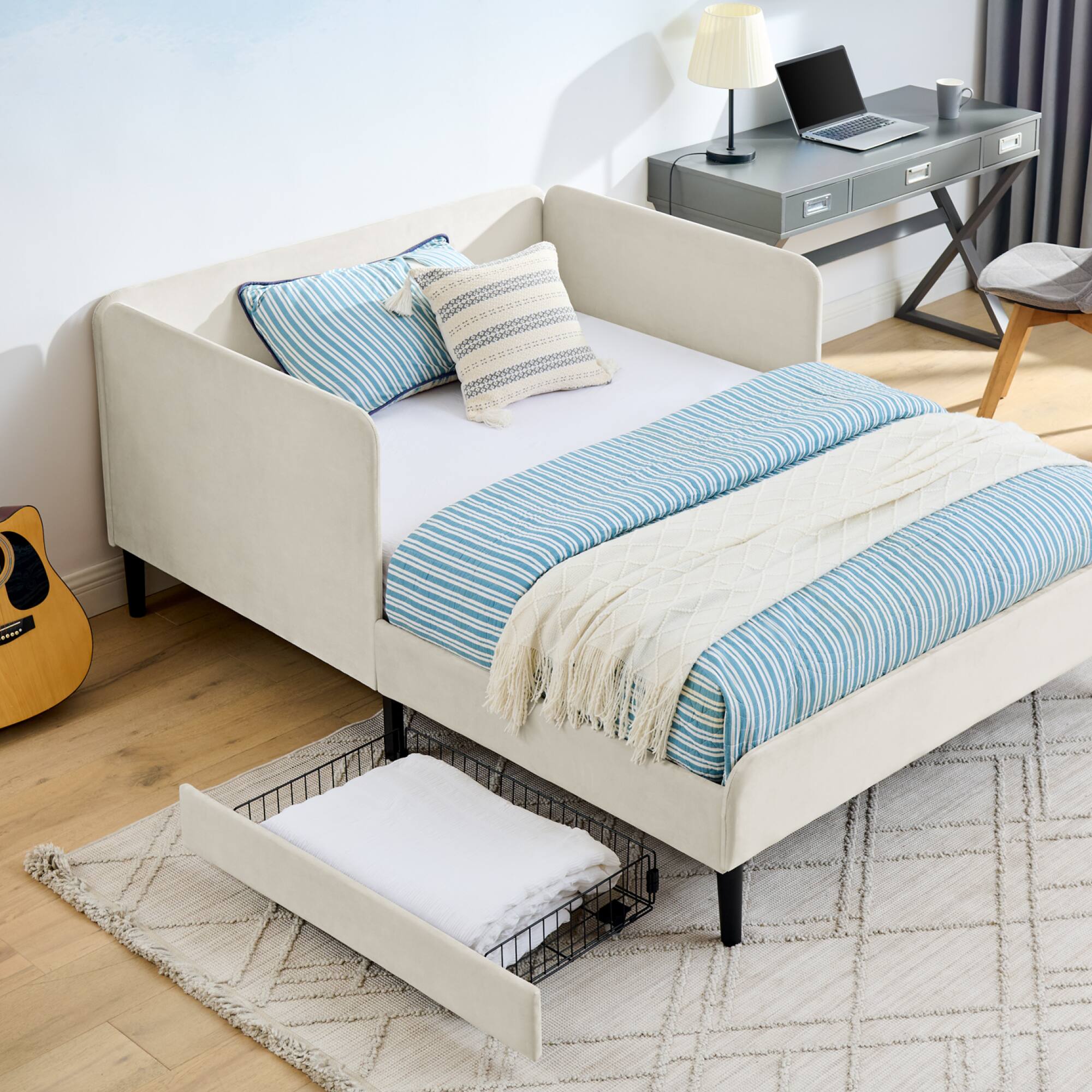 Back. GOODSILO - Full Size Upholstered Platform Bed Frame with Storage Drawers and Adjustable Sofa Functionality - Beige.