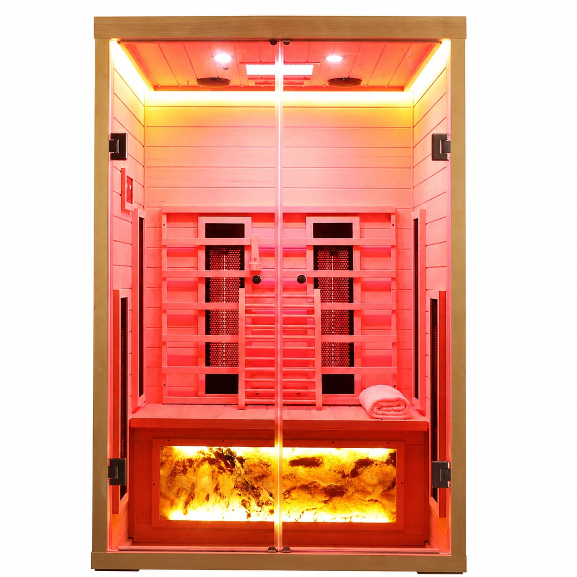 Front. RYHNUYNE - Two Person Hemlock Wood Far-Infrared Sauna Room, Low EMF Heaters, Digital Control Panel, Dry Cabin Design - Natural.