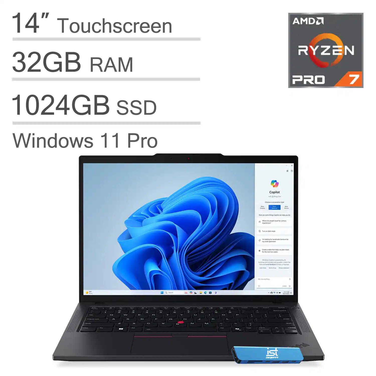 Lenovo - ThinkPad T14 Gen5 Laptop - 14"FHD+ Touchscreen AI PC - AMD Ryzen 7 Pro - 32GB RAM - 1TB SSD - Thunderbolt - Win11Pro - Black