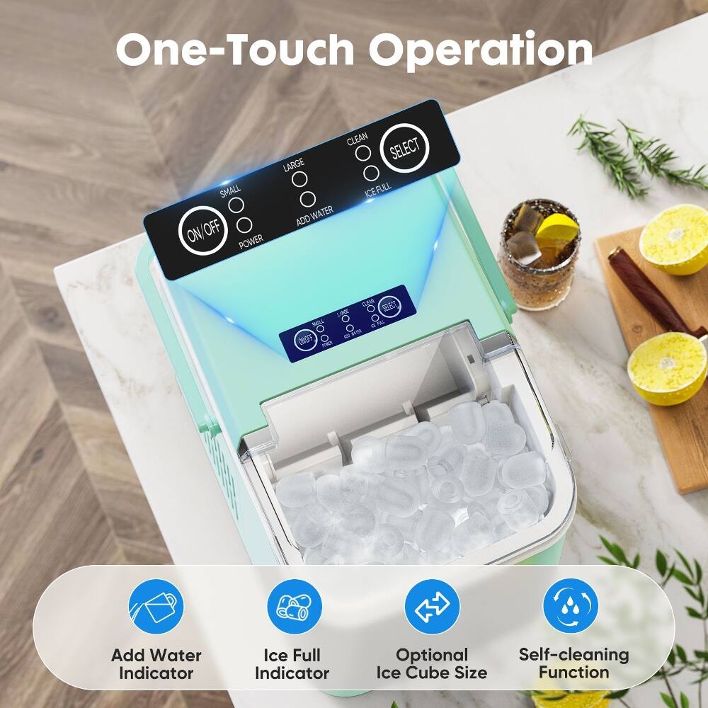 One-Touch Operation

- SMALL
- LARGE
- ON/OFF
- POWER
- CLEAN
- SELECT
- ADD WATER
- ICE FULL

Optional Features:
- Add Water Indicator
- Ice Full Indicator
- Ice Cube Size Function
- Self-cleaning