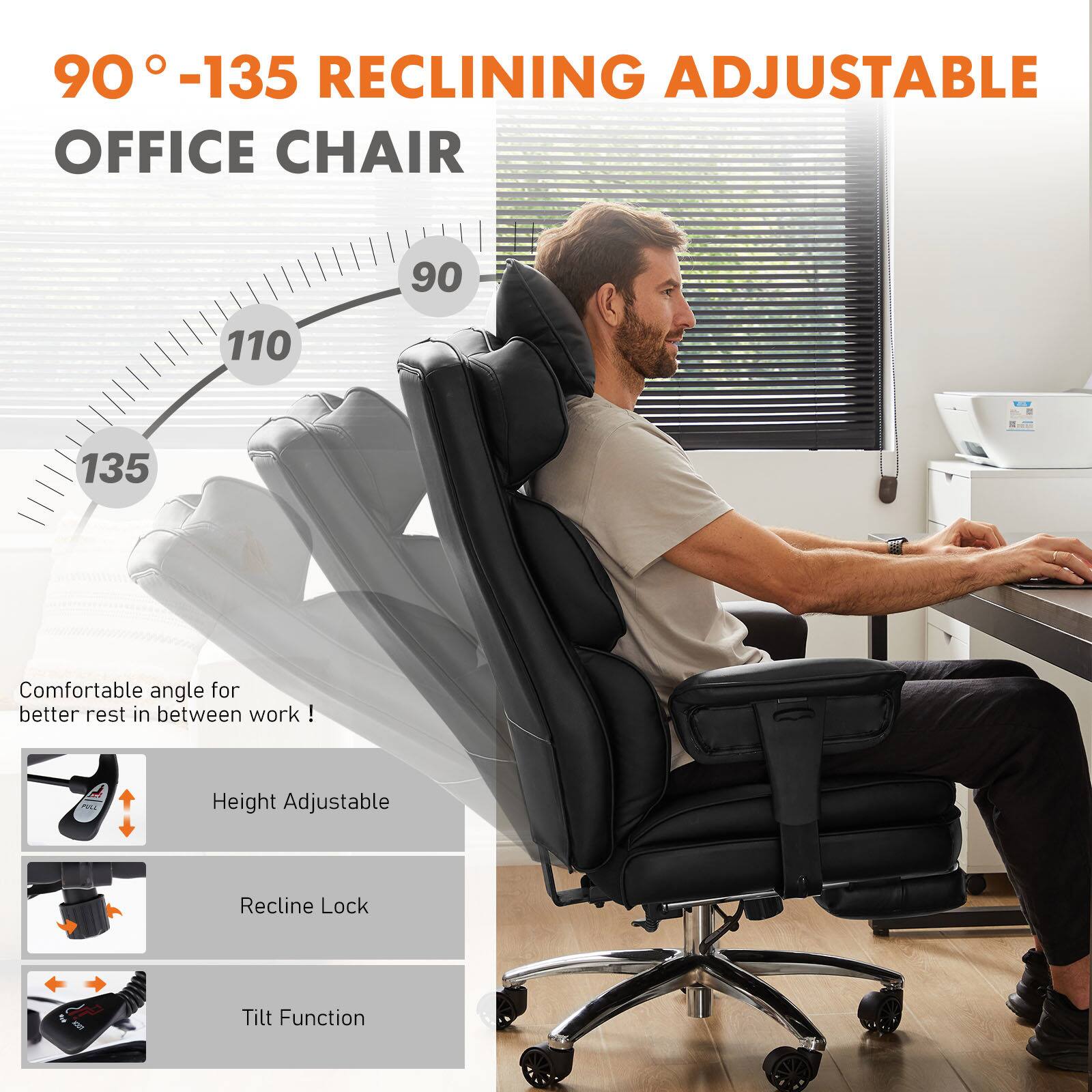 90° -135 RECLINING ADJUSTABLE OFFICE CHAIR

Comfortable angle for better rest in between work!

- Height Adjustable
- Recline Lock
- Tilt Function