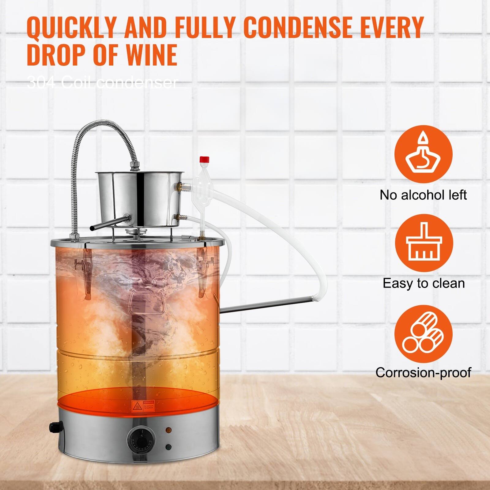 QUICKLY AND FULLY CONDENSE EVERY DROP OF WINE  
304 Coil condenser  

- No alcohol left  
- Easy to clean  
- Corrosion-proof