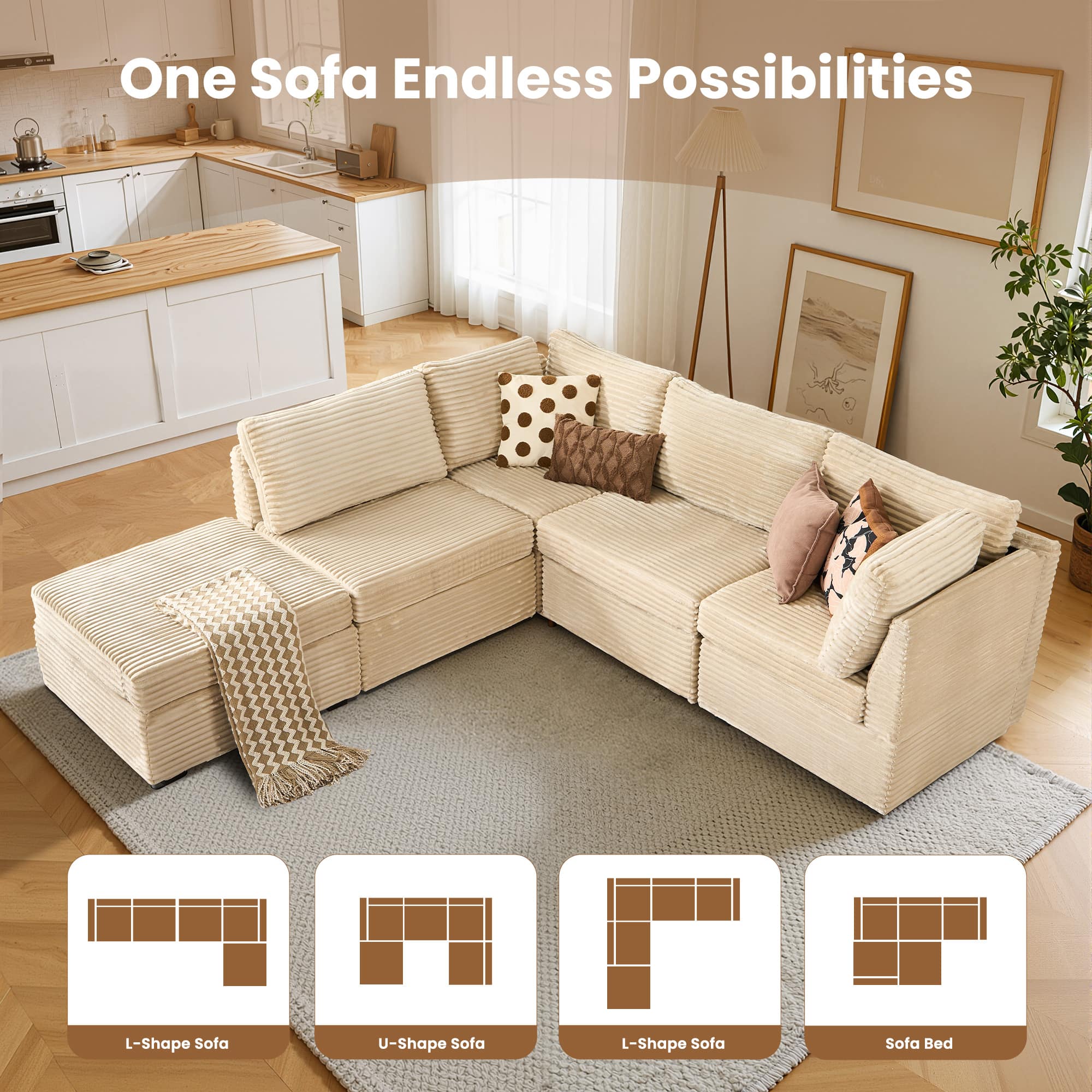 Ovios - 4 Seat Modular Sectional Sofa Plush Corduroy L-Shaped Couch with Ottoman for Living Room - Beige