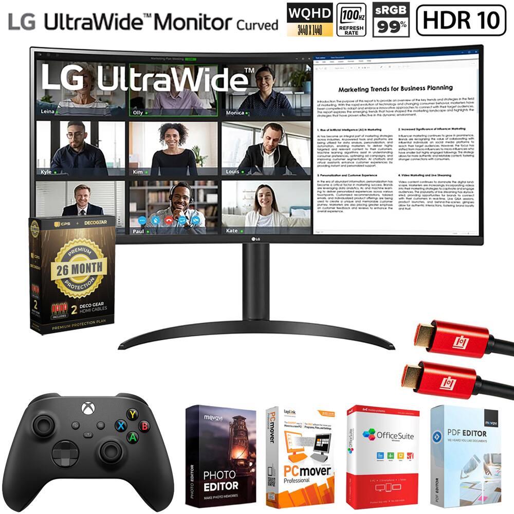 LG UltraWide™ Monitor Curved  
WQHD 3400 x 1440  
100% sRGB  
99% Color Accuracy  
HDR 10  
144Hz Refresh Rate  

Marketing Trends for Business Planning  

LG UltraWide™ Monitor Curved  
26 MONTH PROTECTION  
2 HDMI CABLES  
PREMIUM PROTECTION  

Leina Olly Monica Kyle Kim Louis CPS DECOGAR Paul Kate  

PCmover Professional  
OfficeSuite  
PDF EDITOR  
PHOTO EDITOR  

msoft