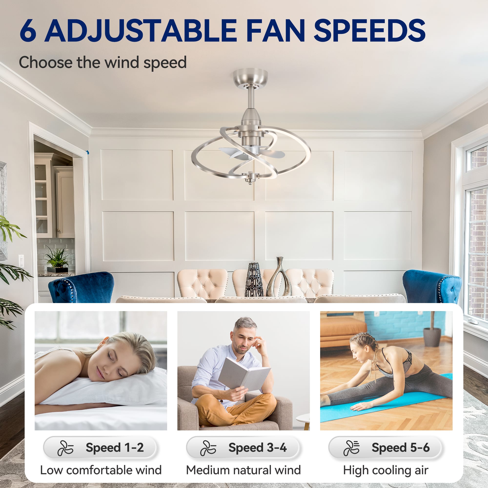 6 ADJUSTABLE FAN SPEEDS
Choose the wind speed
Speed 1-2 Low comfortable wind
Speed 3-4 Medium natural wind
Speed 5-6 High cooling air