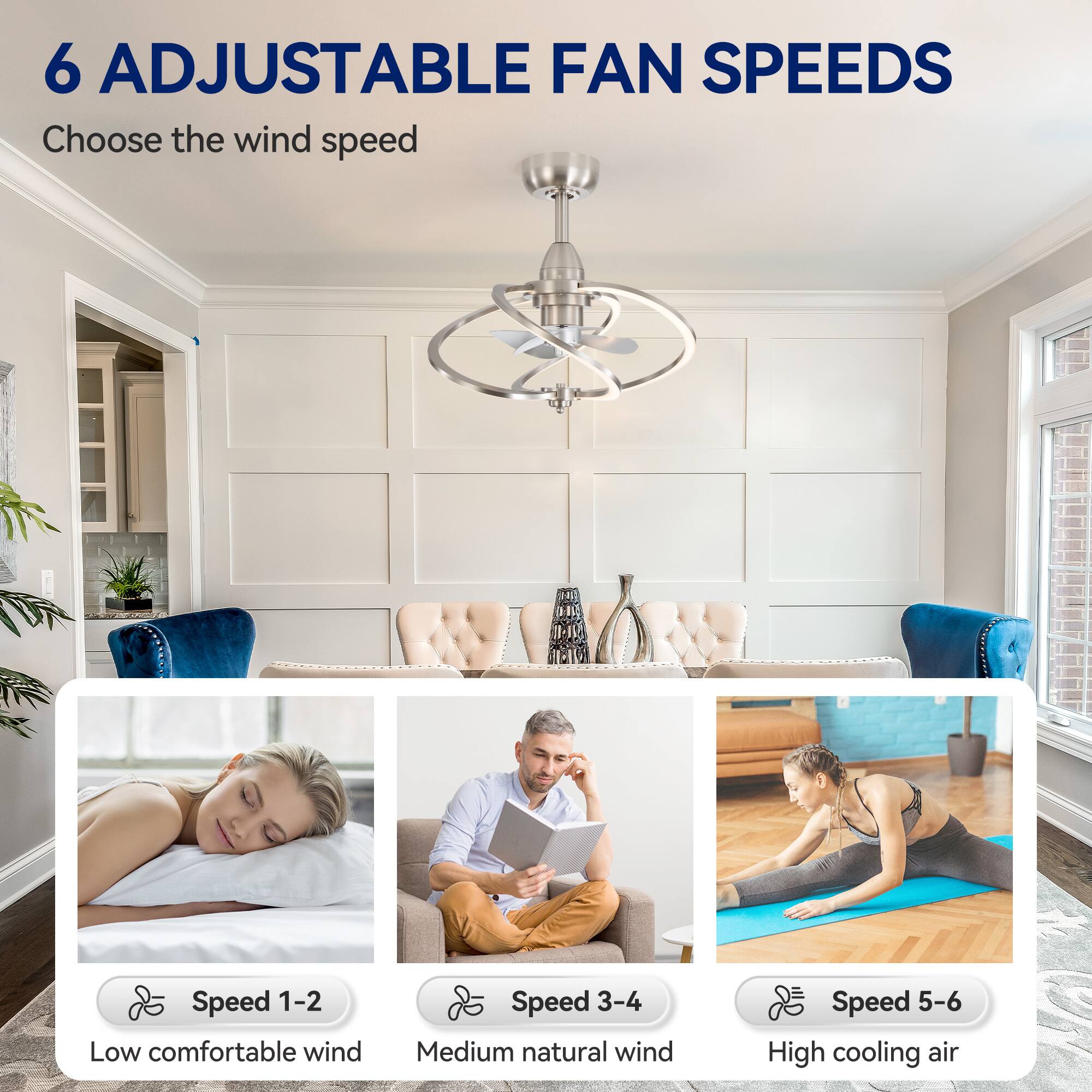6 ADJUSTABLE FAN SPEEDS

Choose the wind speed

Speed 1-2 Low comfortable wind

Speed 3-4 Medium natural wind

Speed 5-6 High cooling air