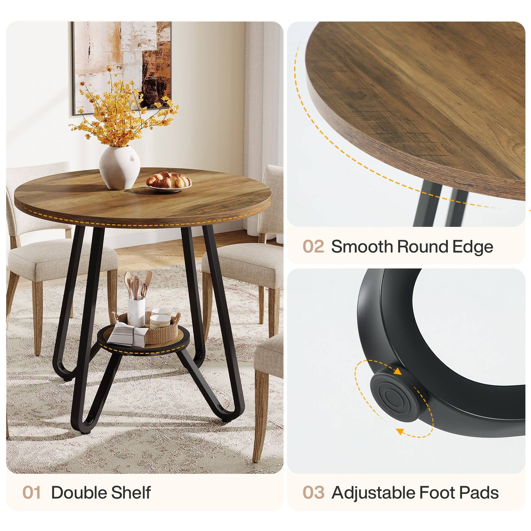 01 Double Shelf  
02 Smooth Round Edge  
03 Adjustable Foot Pads