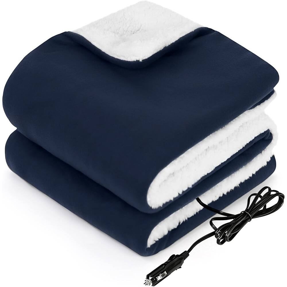Front. MOSZAR LLC - 12V Heated Car Blanket – Portable, 3 Heat Levels, Navy, Machine Washable" - Navy.