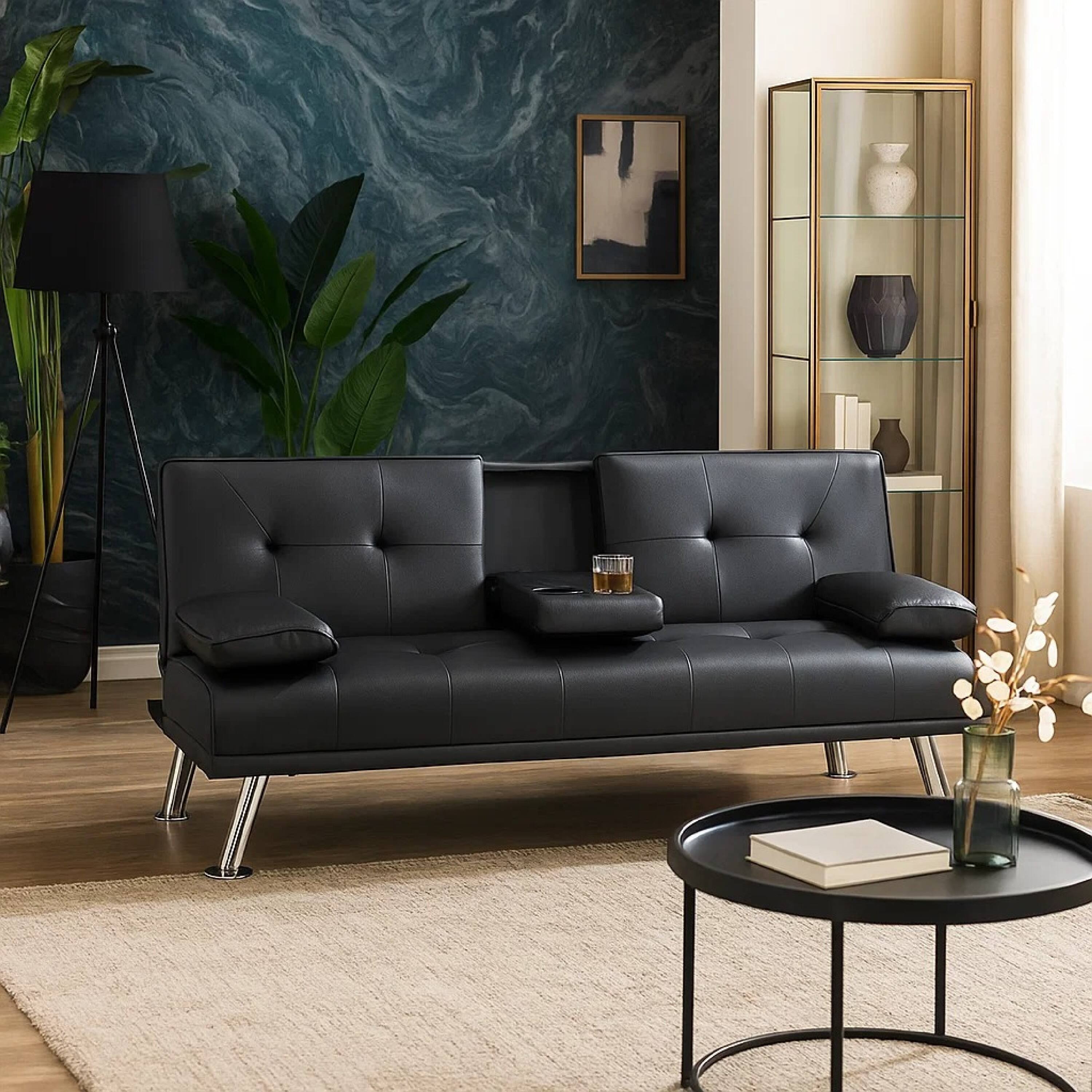 Alt View 5. Manhattan Lane - Gary Convertible Sofa with Fold-Down Table, Metal, Faux Leather - Black, Chrome.