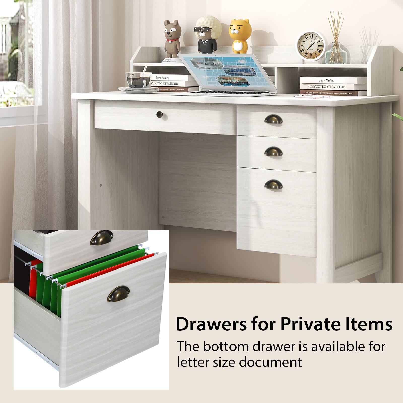 Drawers for Private Items
The bottom drawer is available for letter size document