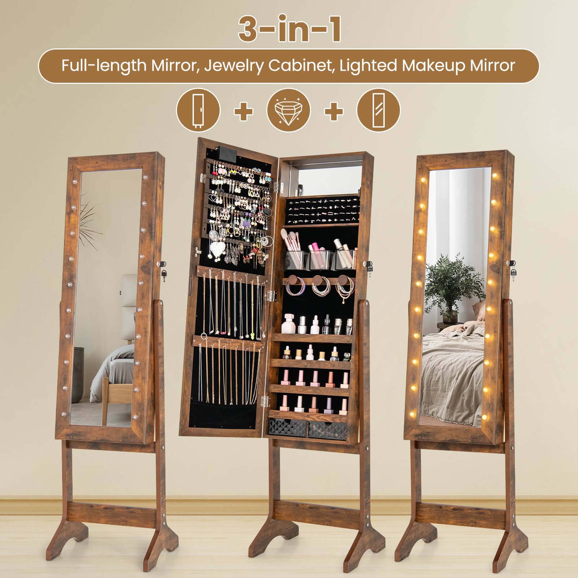 3-in-1  
Full-length Mirror, Jewelry Cabinet, Lighted Makeup Mirror