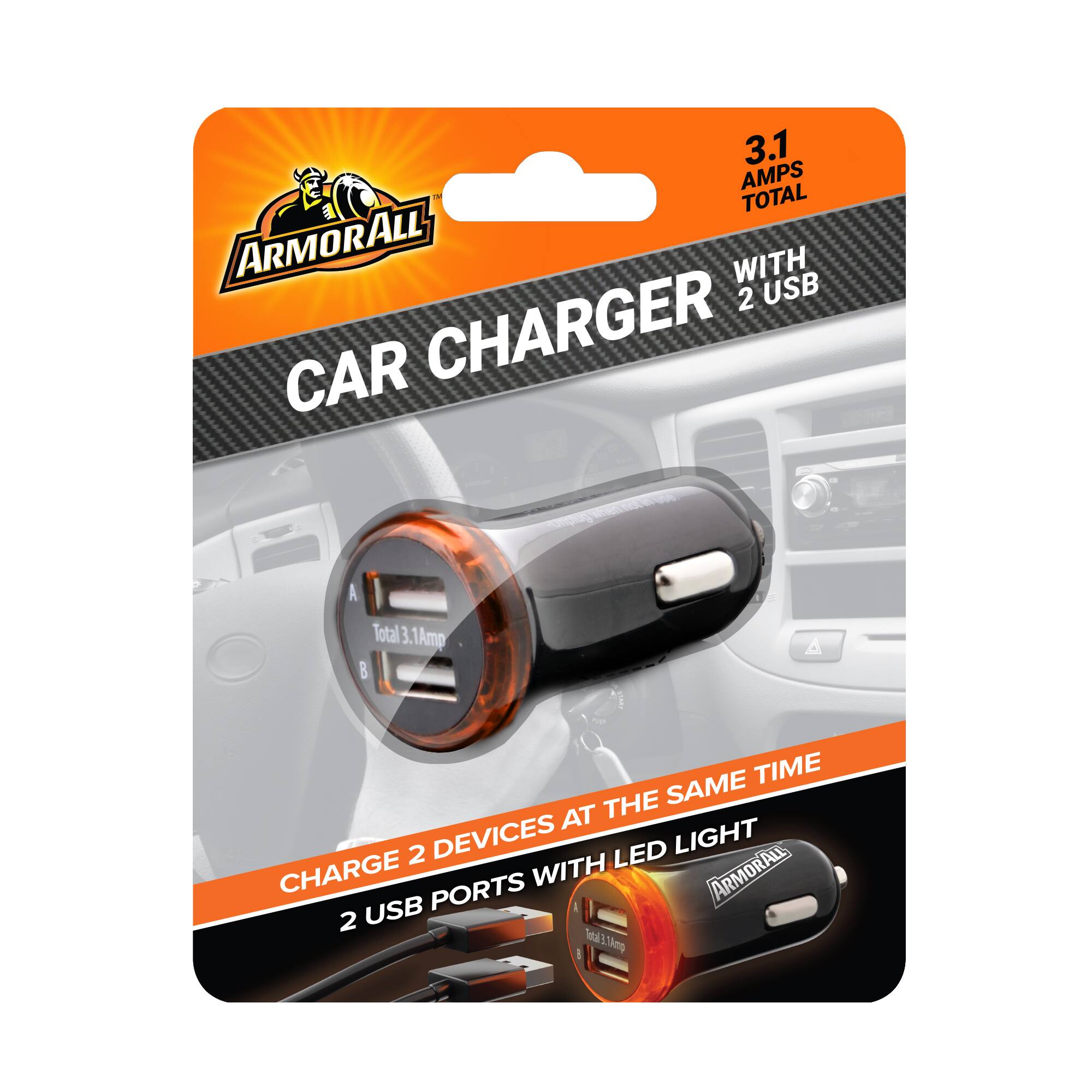 3.1 AMPS TOTAL ARMORALL CAR CHARGER WITH 2 USB - A Total 3.1Amp 3.1 AMPS TOTAL 2 USB Total 5.30mg