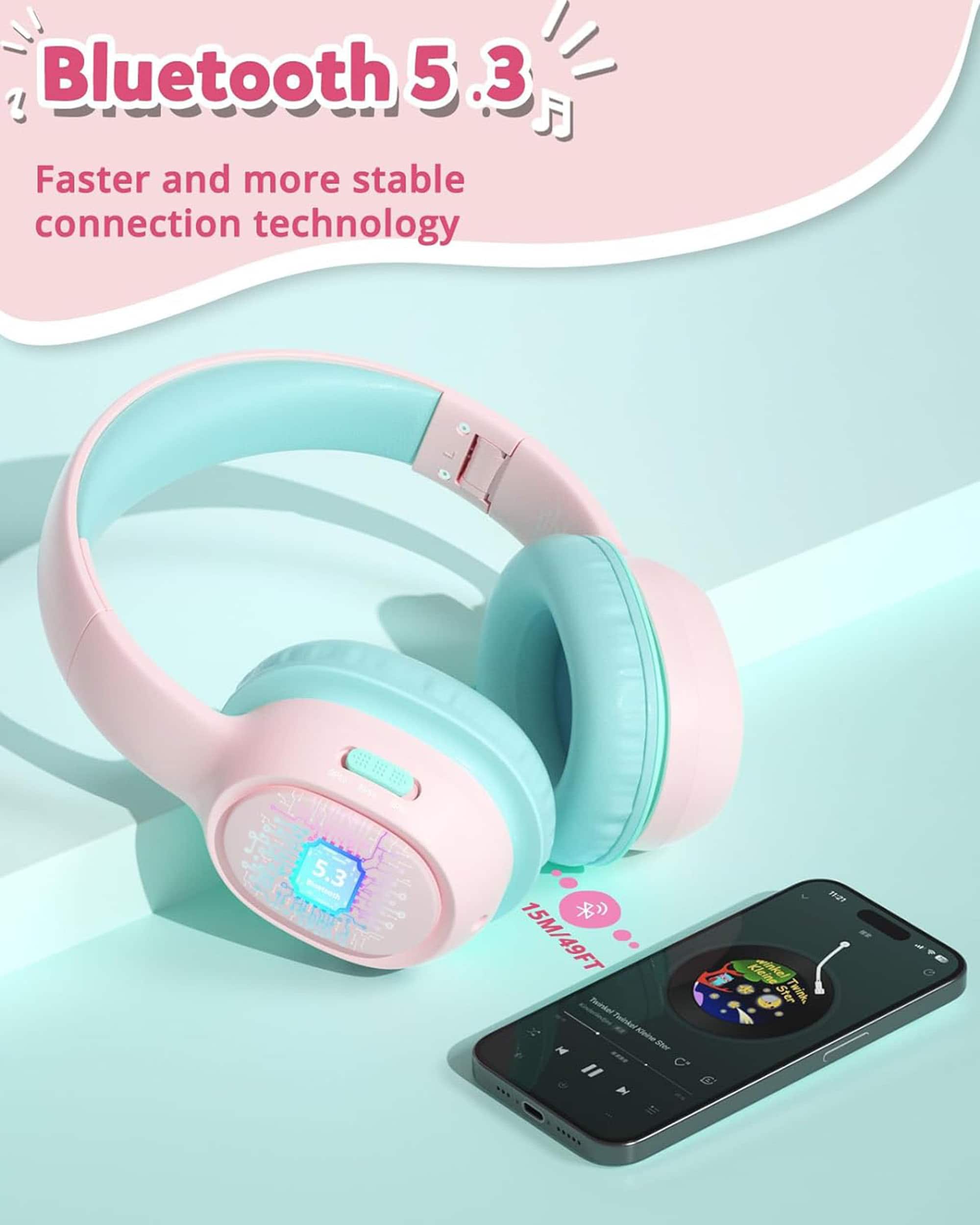 Bluetooth 5.3 is a faster and more stable connection technology. It has a range of 15 meters (49 feet) and is ideal for listening to music or making calls. The image features a pink Bluetooth headset and a smartphone, showcasing the compatibility of the technology.