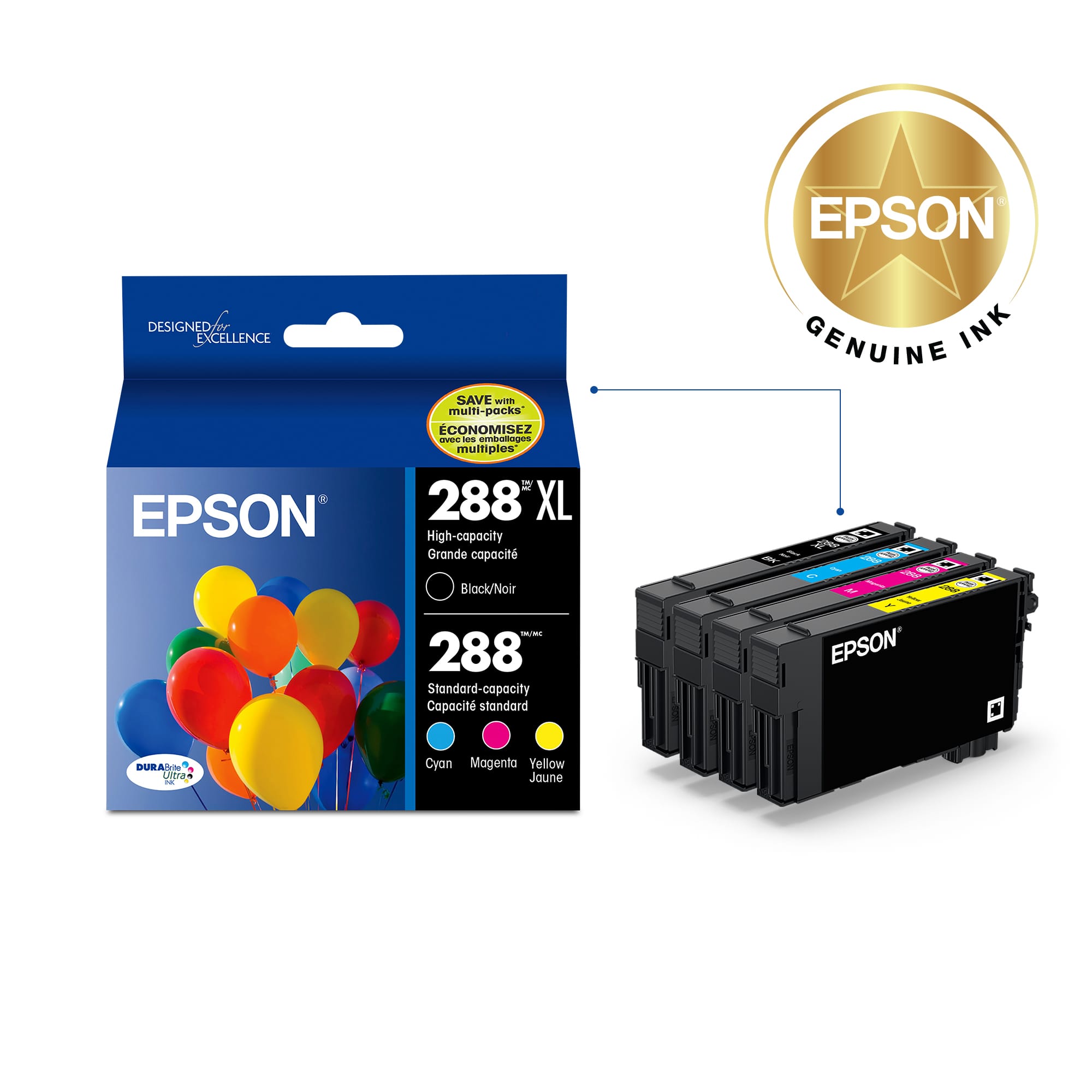EPSON DESIGNED EXCELLENCE Epson 288 XL High-capacity Grande capocit Block/Noir - -- 288 Standard-capacity Copacit standard Cyan Magenta Yellow Joune GENUINE INK DOr S DOT I 60 CI EPSON.