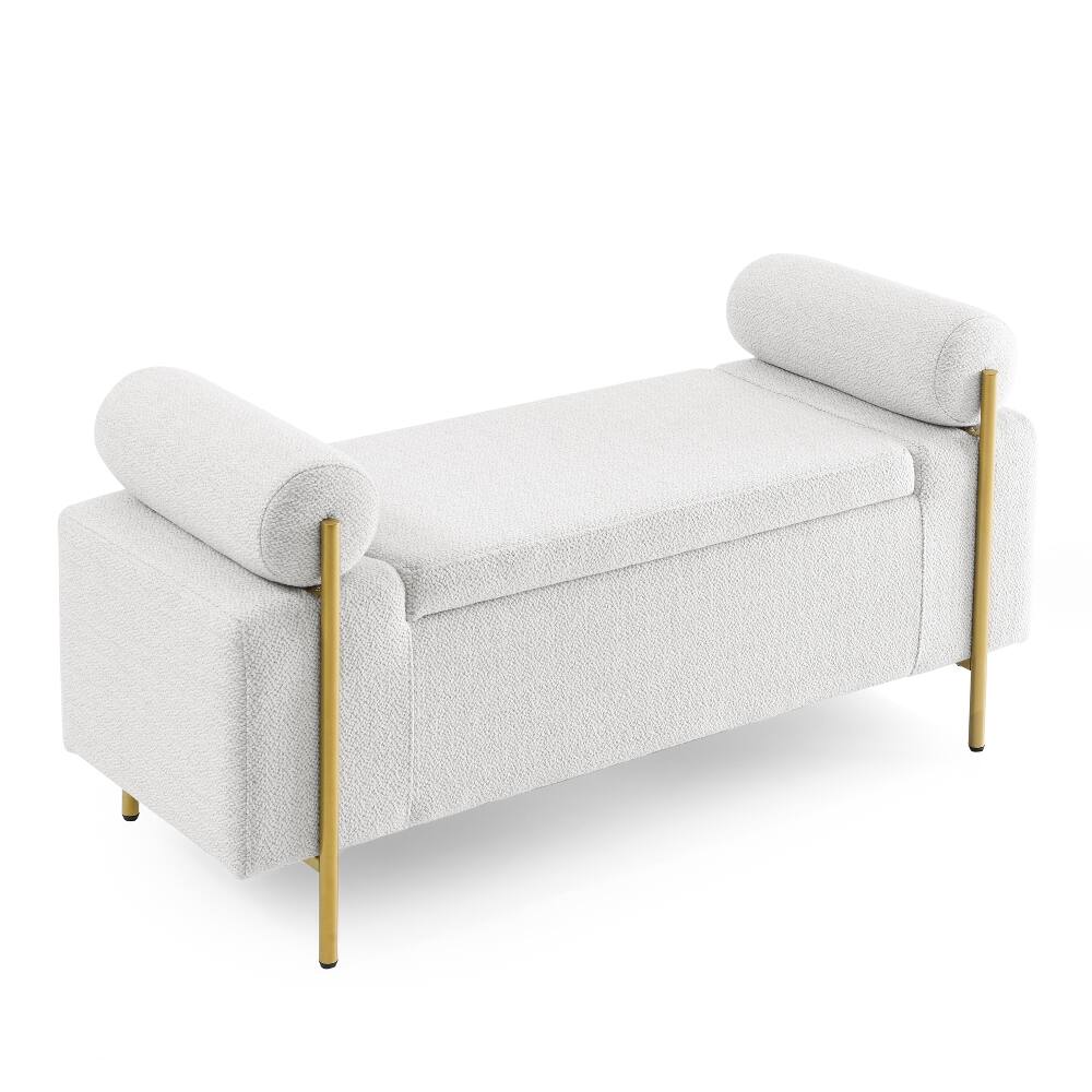 Alt View 4. Ropilly - Ropilly White Upholstered Linen Storage Bench with Gold Iron Legs & Cylindrical Arms for Bedroom Entryway Hallway - White.