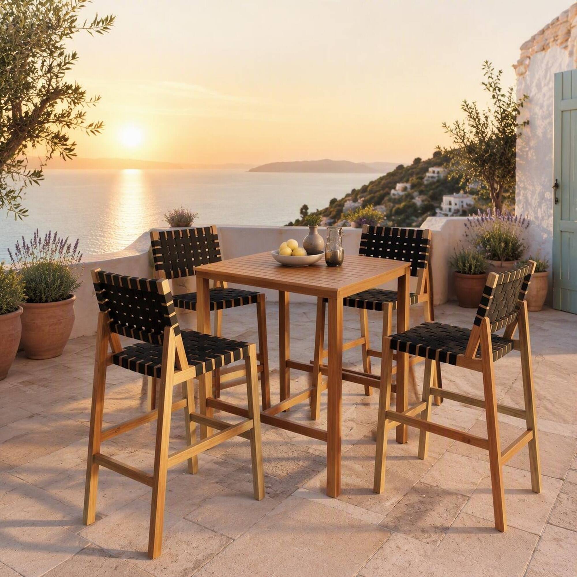 Back. RYHNUYNE - 30.5" Seat Height 5‑Piece Wood Patio Bar Set,Teak Finish Frame with Black PE Woven Rope,Comfortable Seating - Teak+ Black.