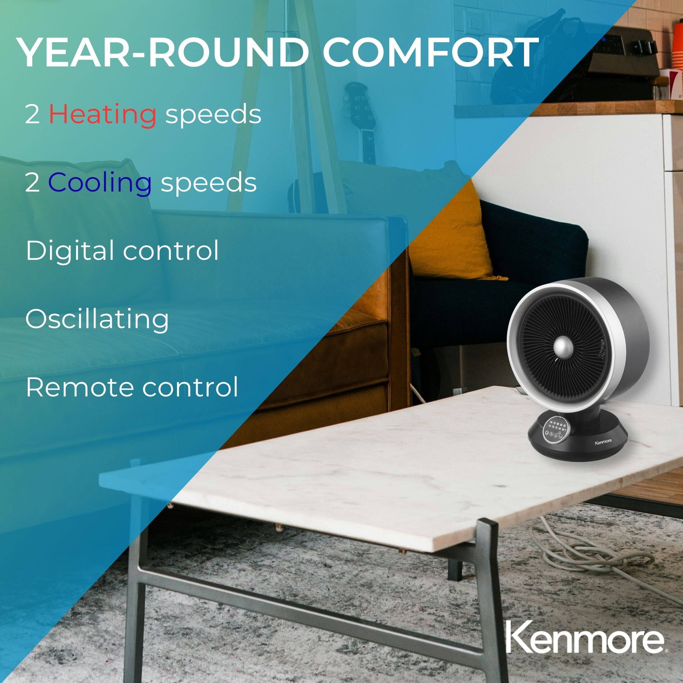 YEAR-ROUND COMFORT

2 Heating speeds  
2 Cooling speeds  
Digital control  
Oscillating  
Remote control  

Kenmore
