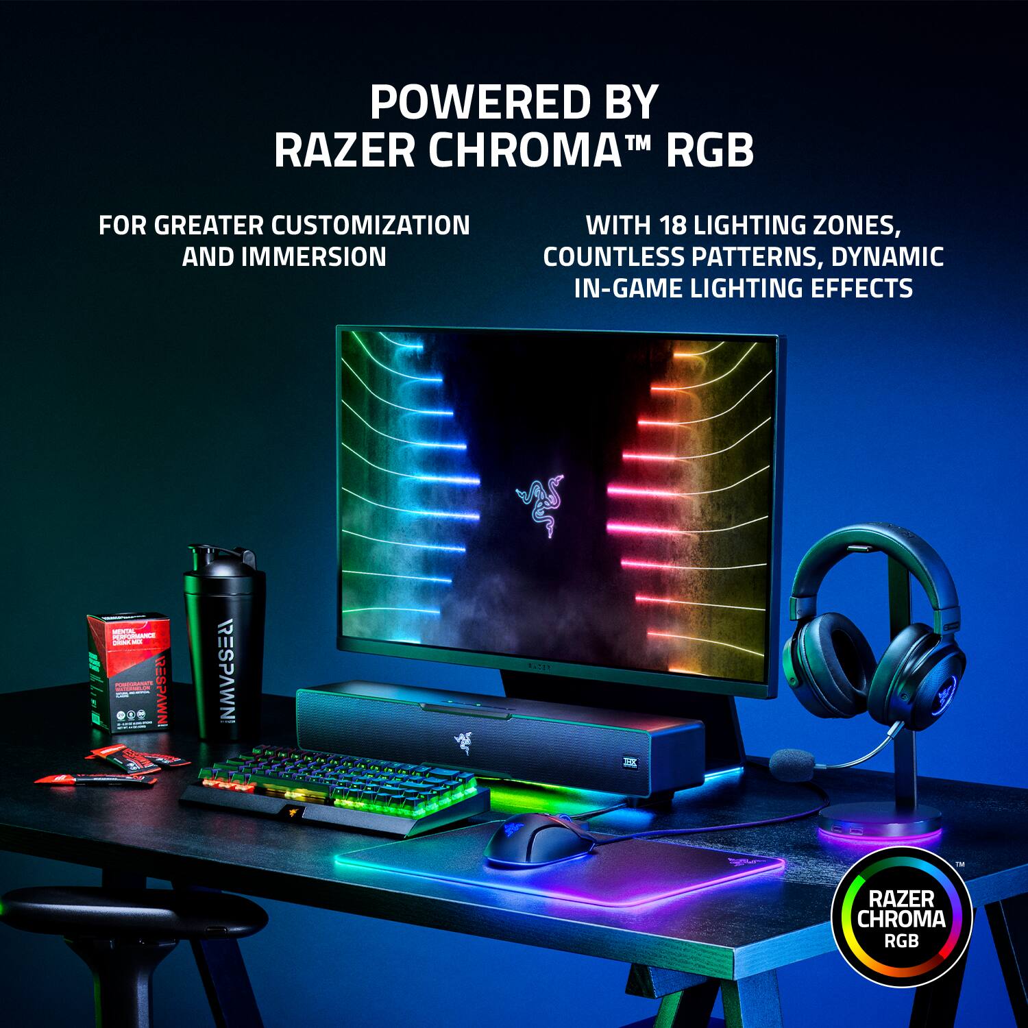 POWERED BY RAZER CHROMA TM RGB FOR GREATER CUSTOMIZATION WITH 18 LIGHTING ZONES, AND IMMERSION COUNTLESS PATTERNS, DYNAMIC IN-GAME LIGHTING EFFECTS.