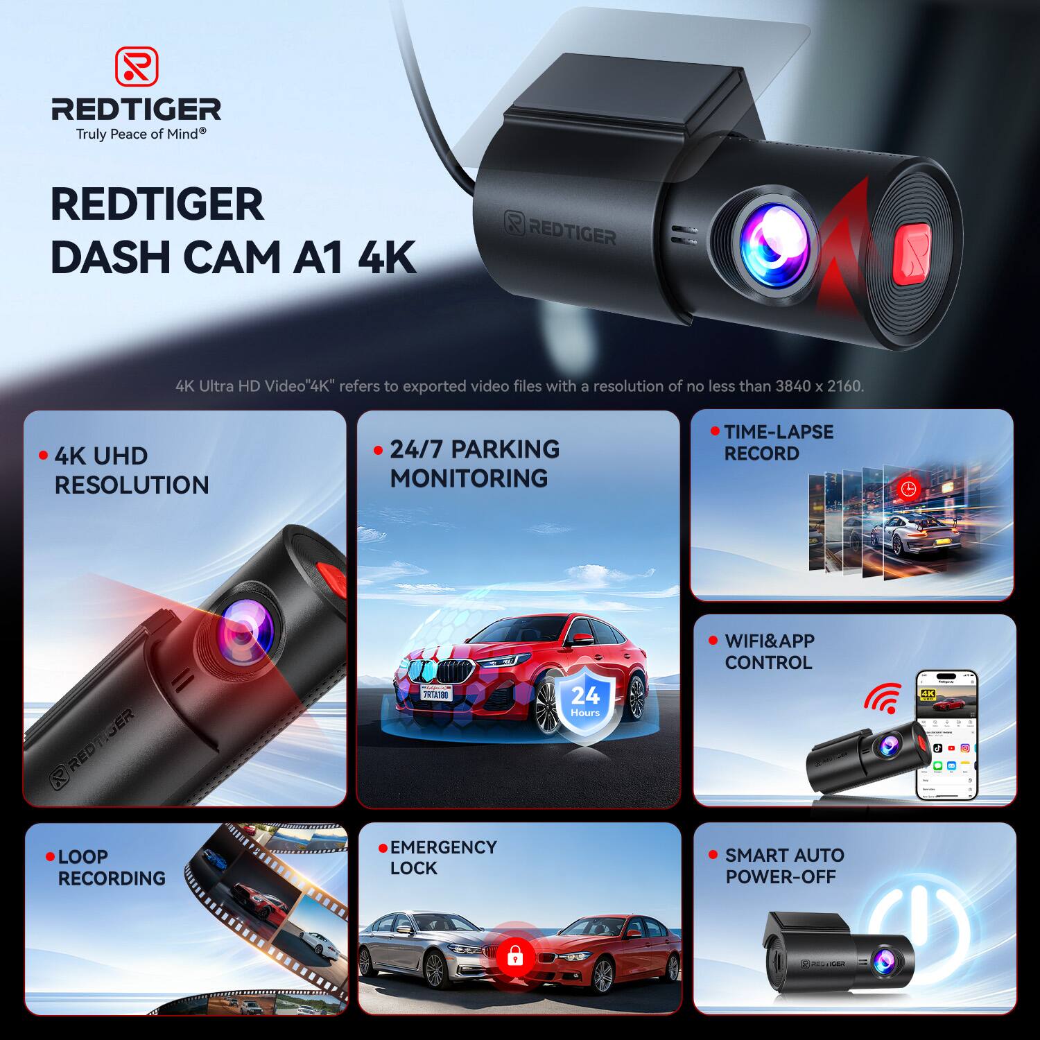 REDTIGER  
Truly Peace of Mind  
REDTIGER DASH CAM A1 4K  

4K Ultra HD Video  
"4K" refers to exported video files with a resolution of no less than 3840 x 2160.  

- 4K UHD RESOLUTION  
- 24/7 PARKING MONITORING  
- TIME-LAPSE RECORD  
- WIFI&APP CONTROL  
- LOOP RECORDING  
- EMERGENCY LOCK  
- SMART AUTO POWER-OFF