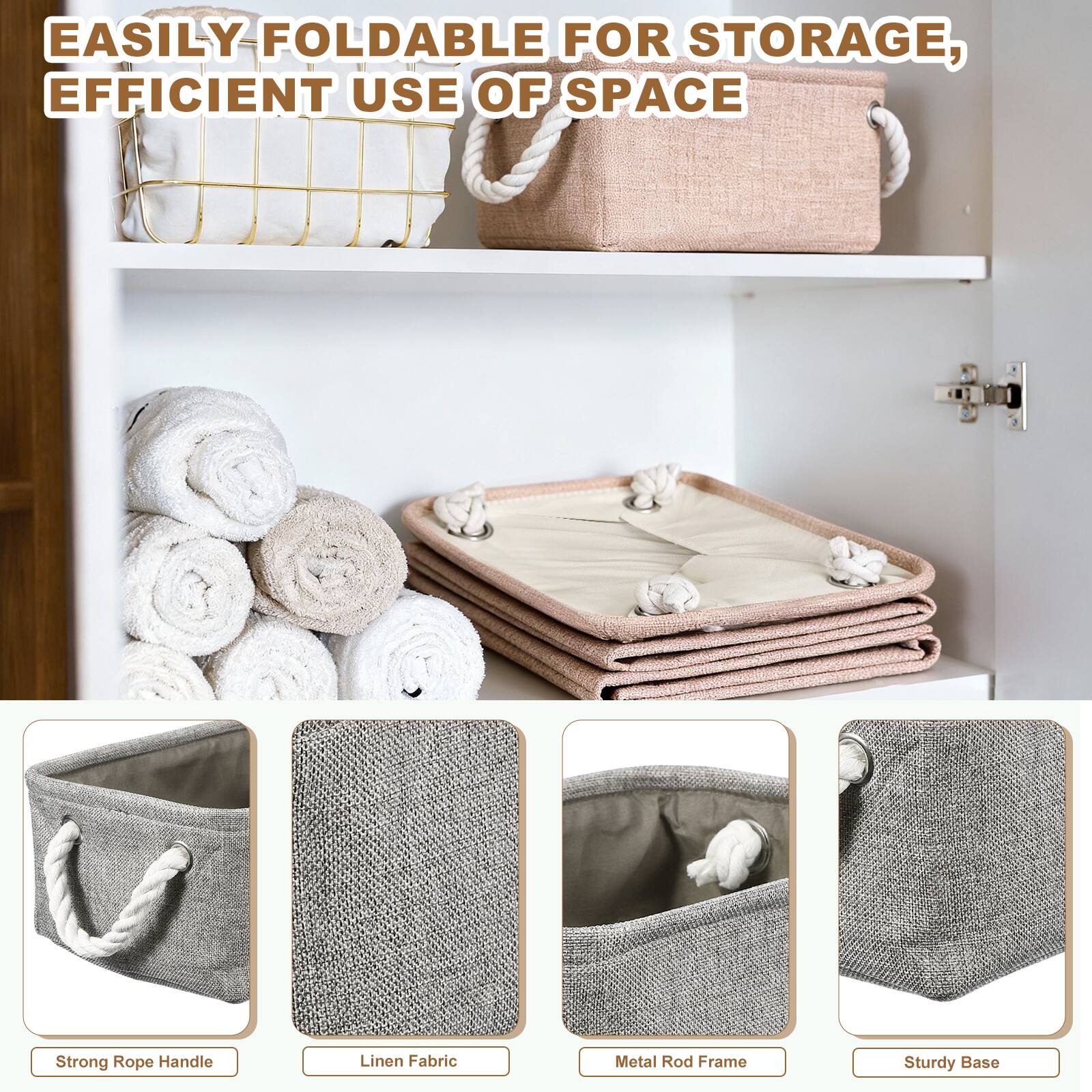 EASILY FOLDABLE FOR STORAGE, EFFICIENT USE OF SPACE

Strong Rope Handle
Linen Fabric
Metal Rod Frame
Sturdy Base