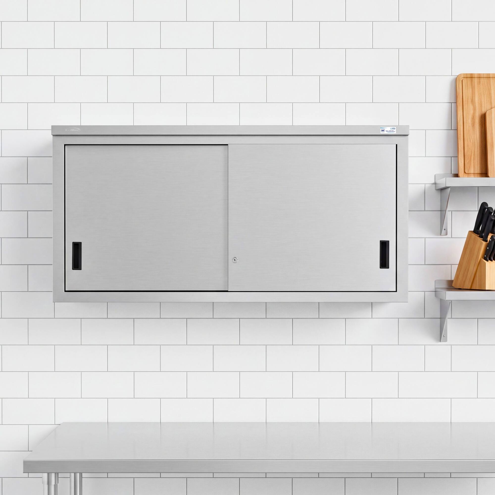 Left. Koolmore - 60 Inch Stainless Steel Commercial Wall Cabinet With Sliding Doors 15x60 NSF - Stainless-Steel.
