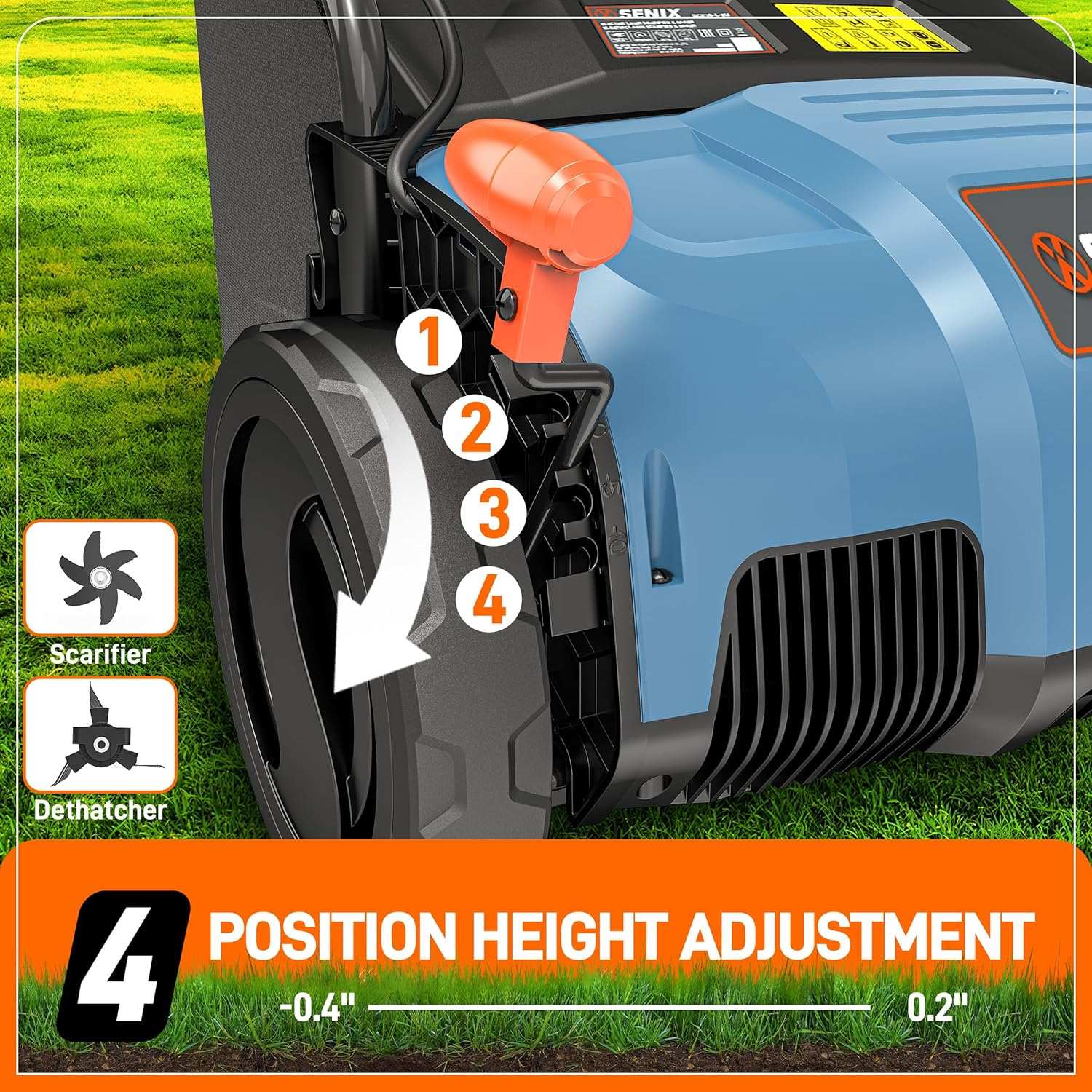 SENIX Scarifier 1 2 3 4 C Dethatcher POSITION HEIGHT ADJUSTMENT 4 -0.4" 0.2"