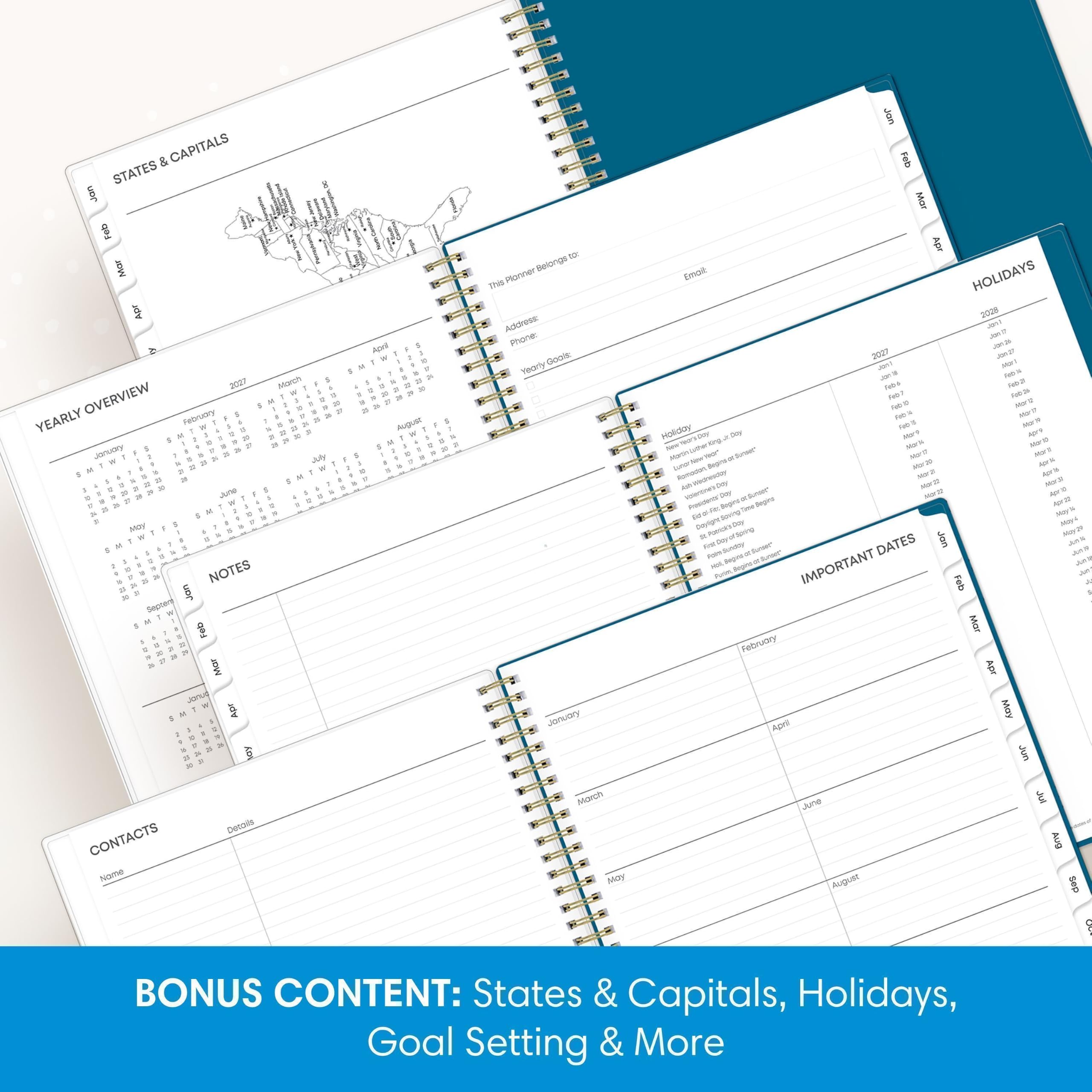 JON & CAPITALS Feb STATES Jan Mar Feb ADT and Plonner Belongs Email HOLIDAYS This Apr Address 2028 lets, Phone: JanD by April K Gook 2027 Jon27 of Yearly JOIN MINT Whes, ReB 2027 March U Febs HPP OVERVIEW g 28 NOT 20 24 = Avento More YEARLY Februdry 25 20 nex Mor? JA AUGUST 40 8 Mor ??!! z 10 2 M Holiday Hor? April Mar10 January 20 = x Mark July E Morif MY# 20 Mor20 Add M A # I If 20 Not MON 2 : 20 to 20 JUND $ MY# Aprio 0 If if r $ May MAYA DATES Jon I IMPORTANT If a NOTES Feb 30 Septer Jan Feb Mar February MOT Apr $ NOT January April May Jun March June JUA Details CONTACTS AUG Name May August Sep 100 BONUS CONTENT: States & Capitals, Holidays, Goal Setting & More