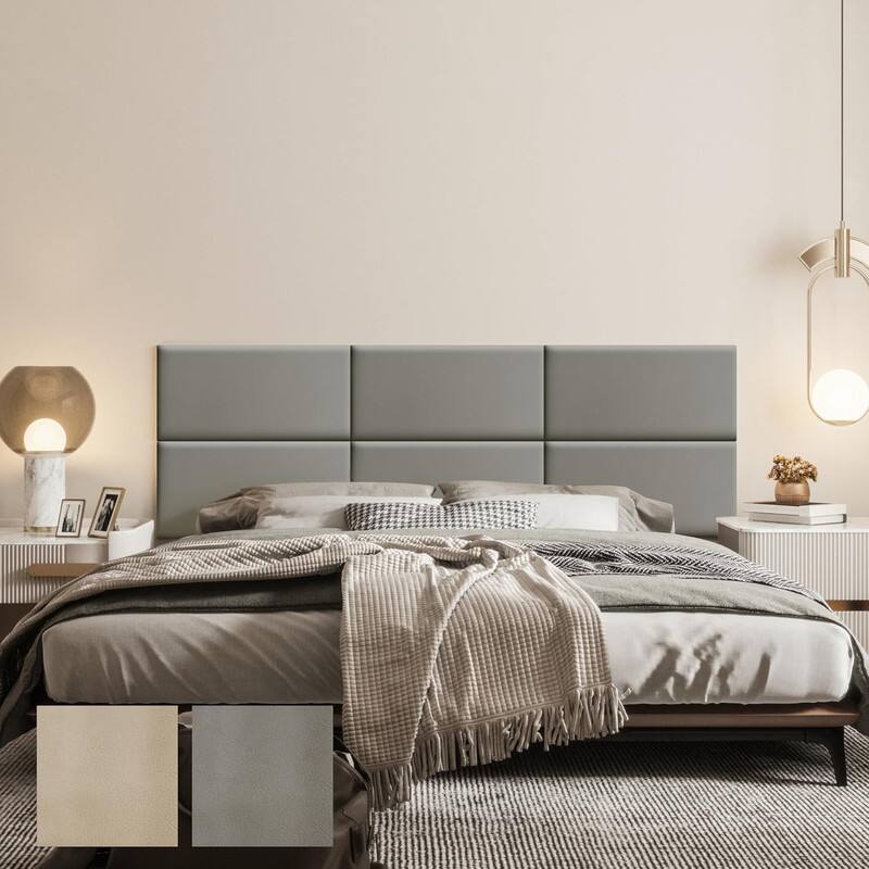 Front. wowmax - Peel & Stick Faux Leather Headboard - Waterproof 3D Wall Panel for Full Bed, 23.6x11.8", Grey (6-Pack) - Grey.