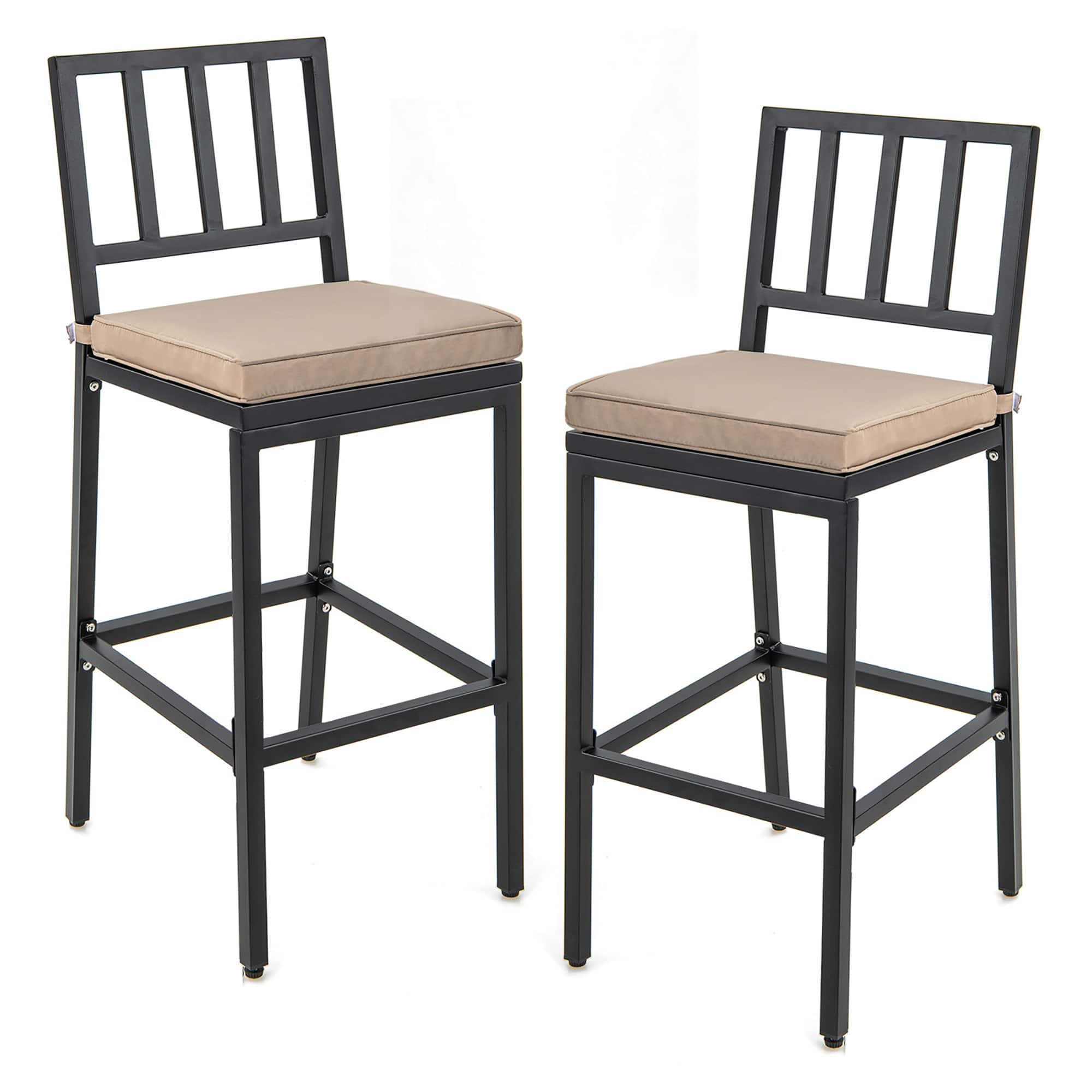 Front. Costway - Set of 2 Patio Metal Bar Stools Outdoor Bar Height Dining Chairs with Cushion - Black + Beige.