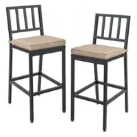 Costway Set of 2 Patio Metal Bar Stools Outdoor Bar Height Dining Chairs with Cushion - Black + Beige - Front_Zoom
